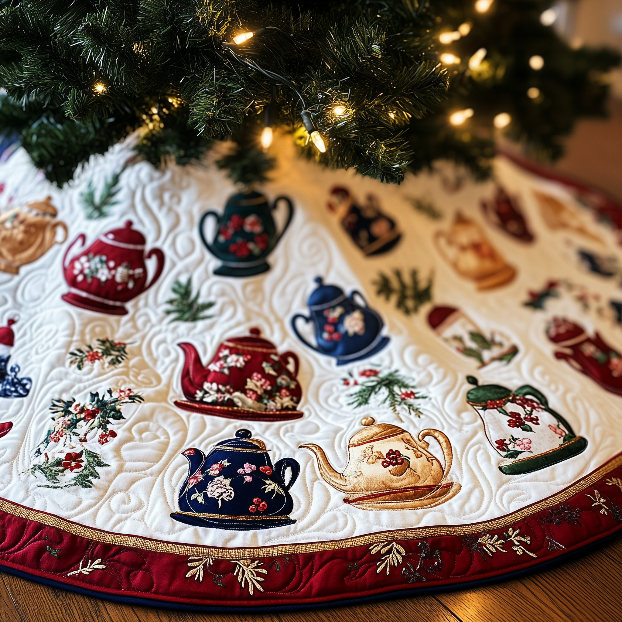 Festive Teapot Quilted Tree Skirt Xmas Tree Base Cover Decorations Christmas Gifts For Tea Drinkers