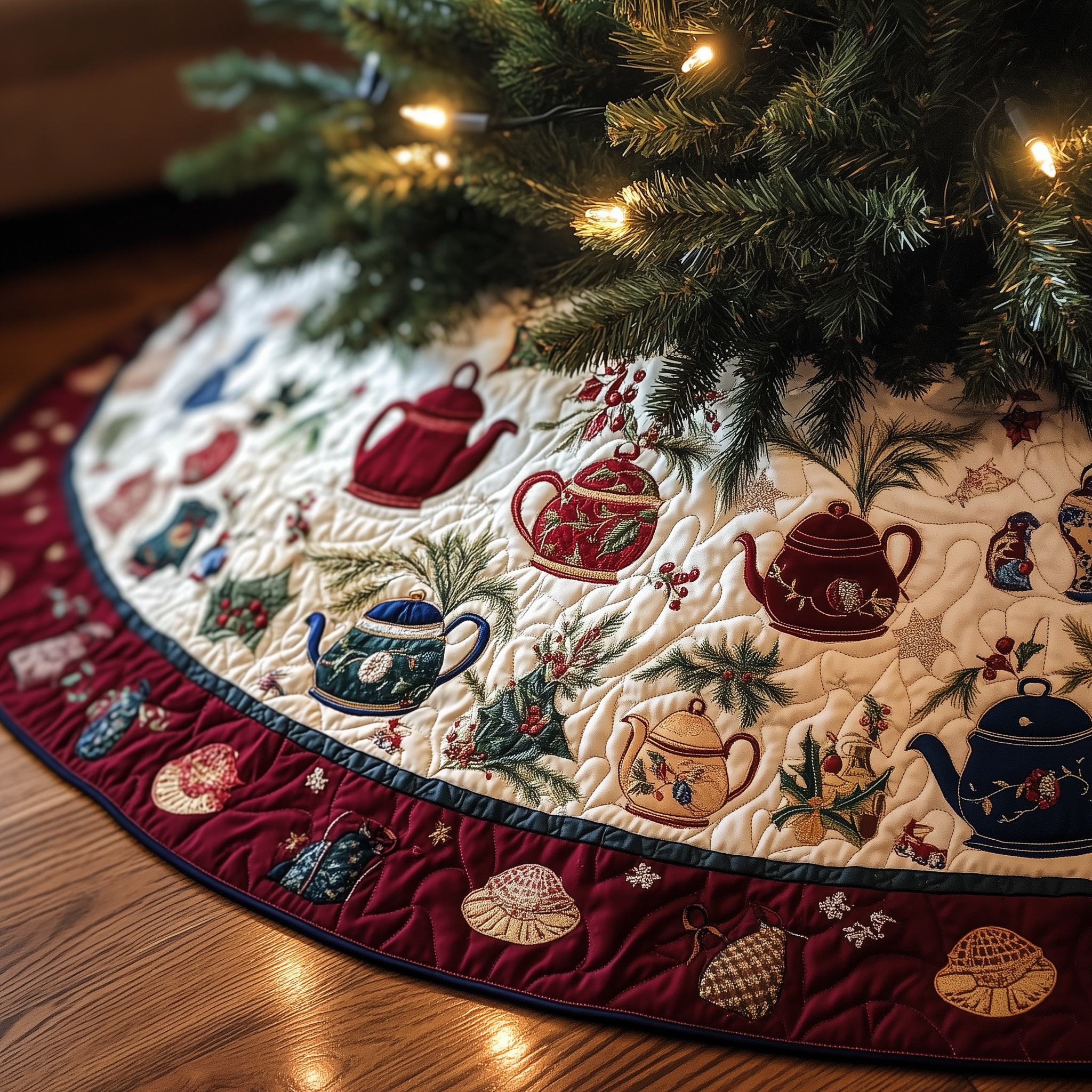 Festive Teapot Quilted Tree Skirt Xmas Tree Base Cover Decorations Christmas Gifts For Tea Drinkers