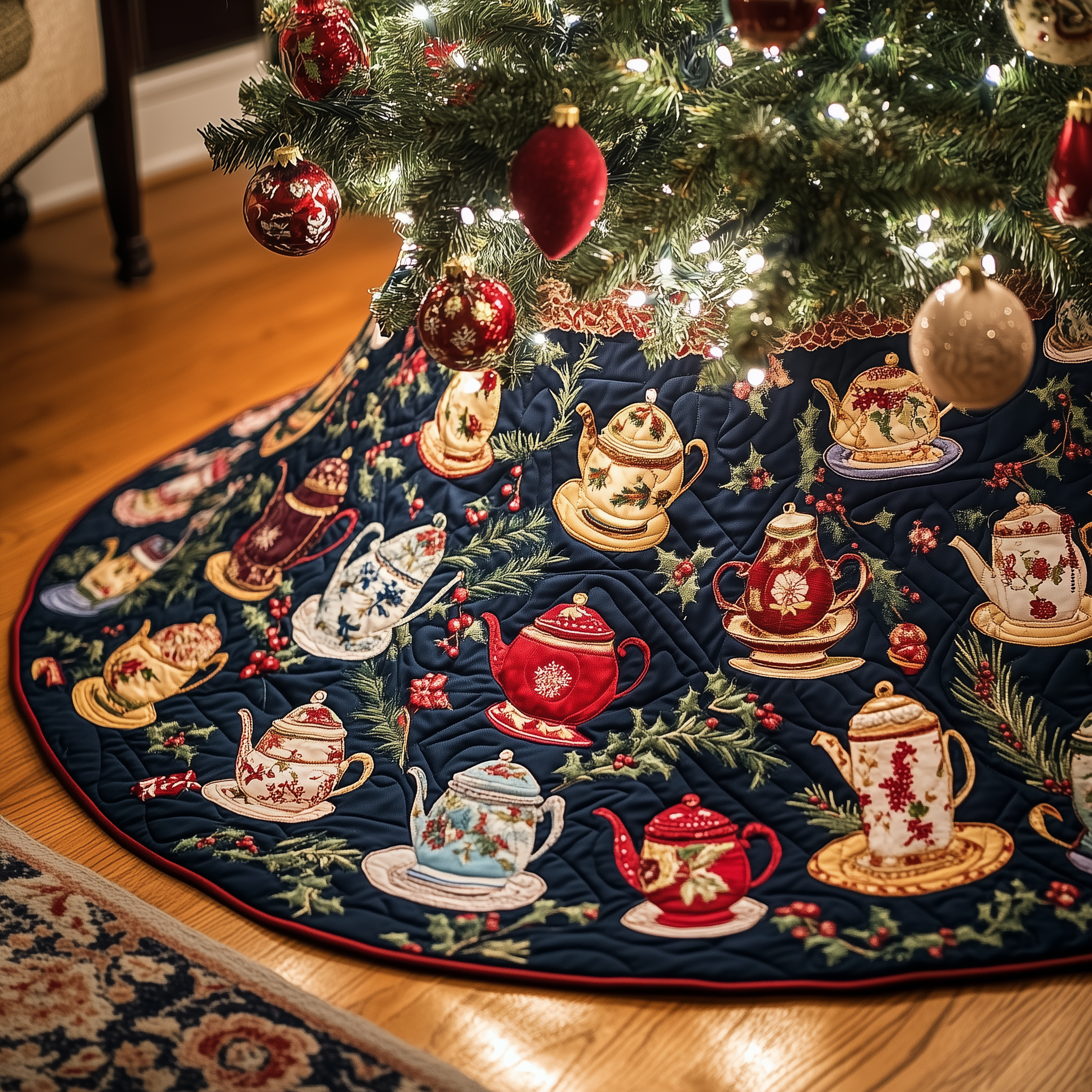 Festive Teapot Quilted Tree Skirt Xmas Tree Base Cover Decorations Christmas Gifts For Tea Drinkers
