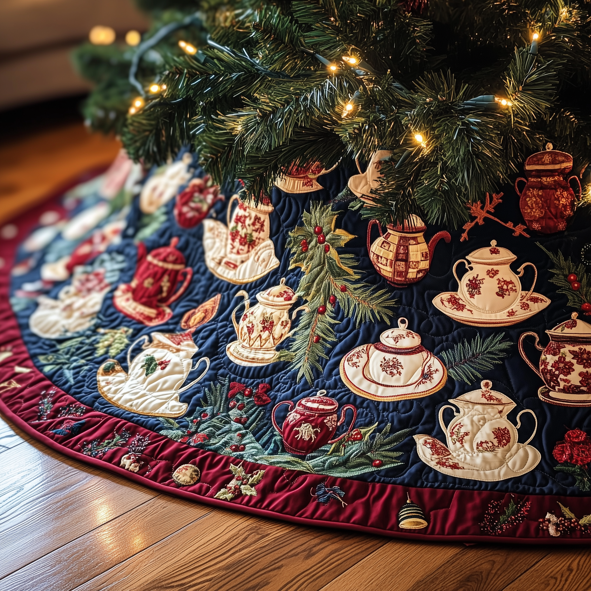 Festive Teapot Quilted Tree Skirt Xmas Tree Base Cover Decorations Christmas Gifts For Tea Drinkers