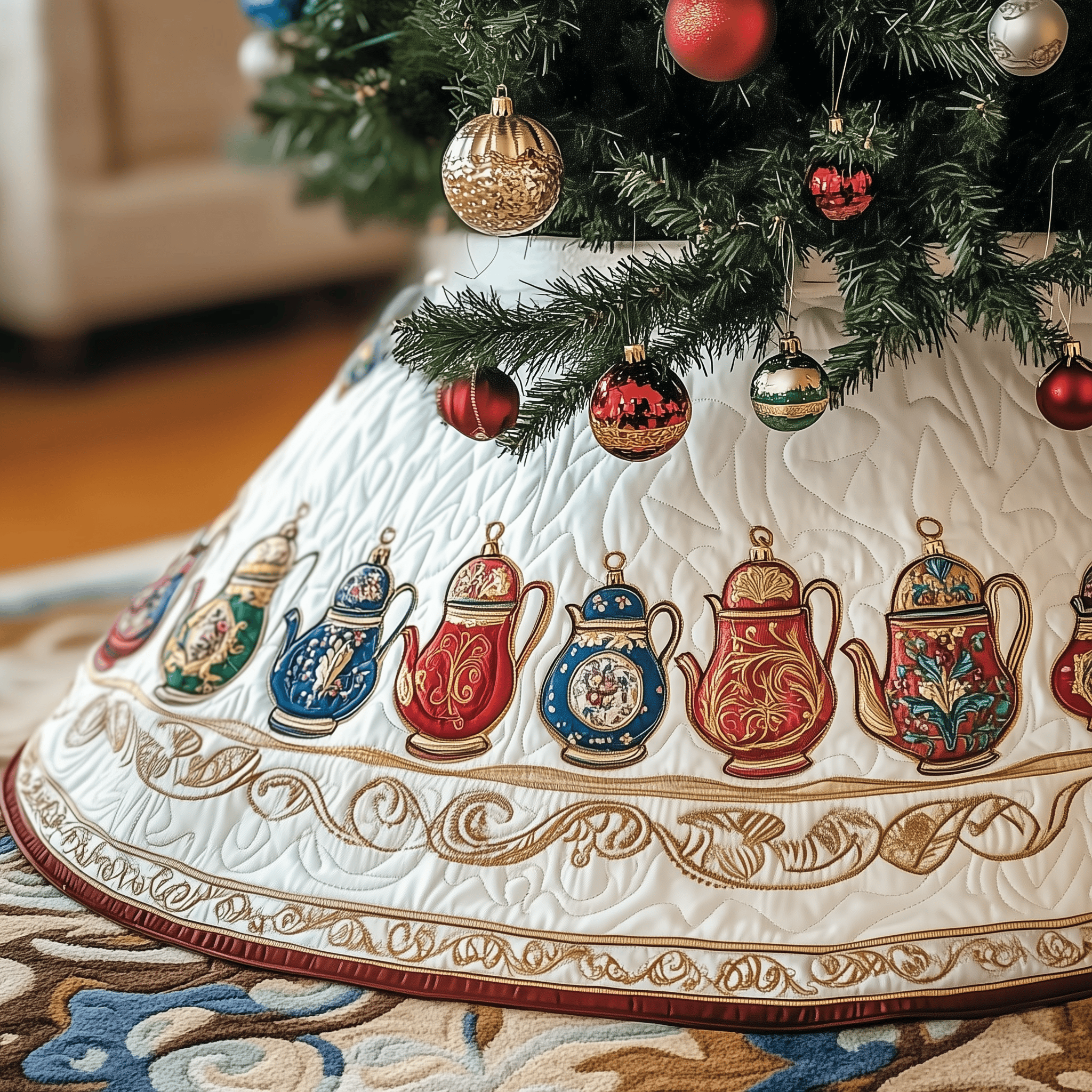 Festive Teapot Quilted Tree Skirt Xmas Tree Base Cover Decorations Christmas Gifts For Tea Lovers
