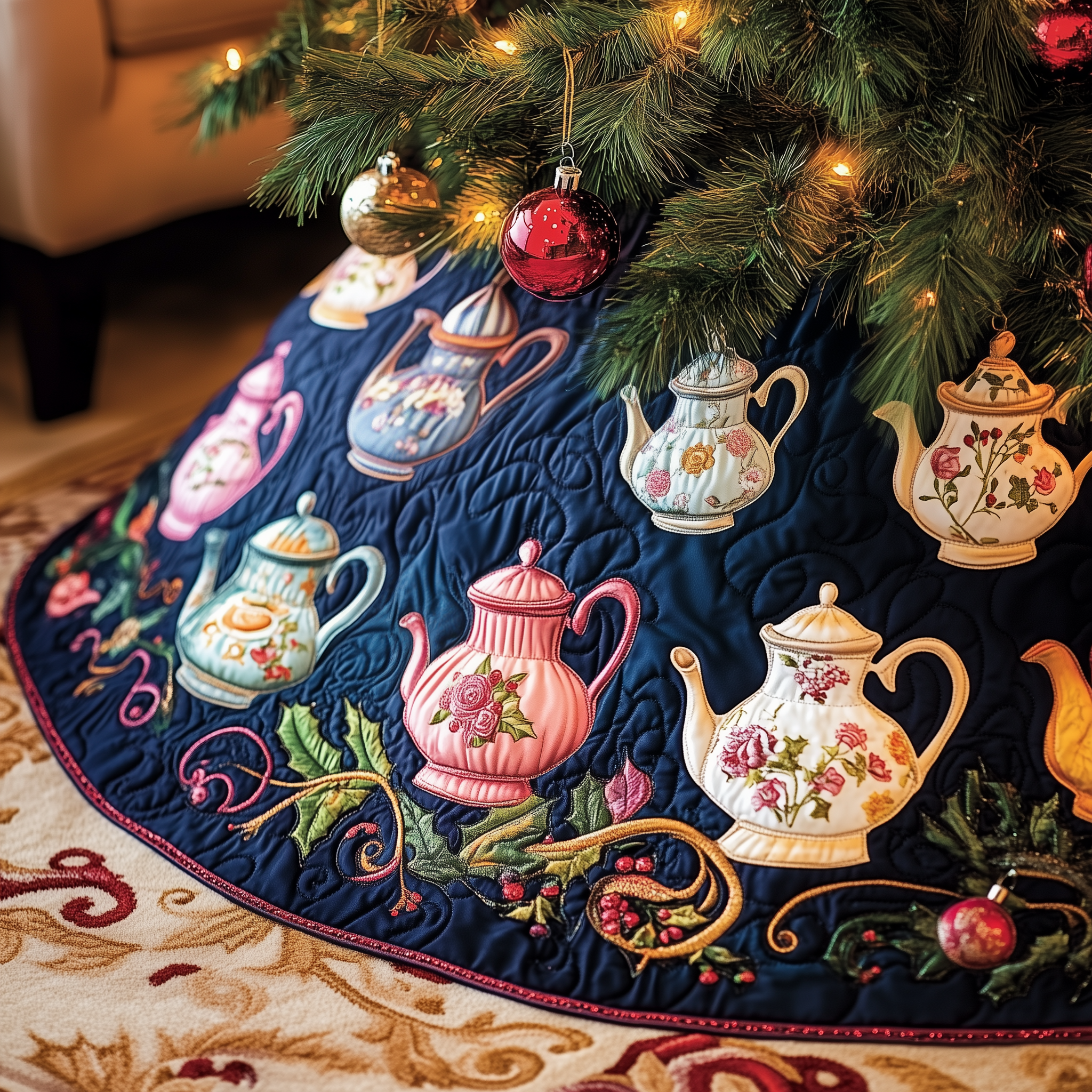 Festive Teapot Quilted Tree Skirt Xmas Tree Base Cover Decorations Christmas Gifts For Tea Lovers