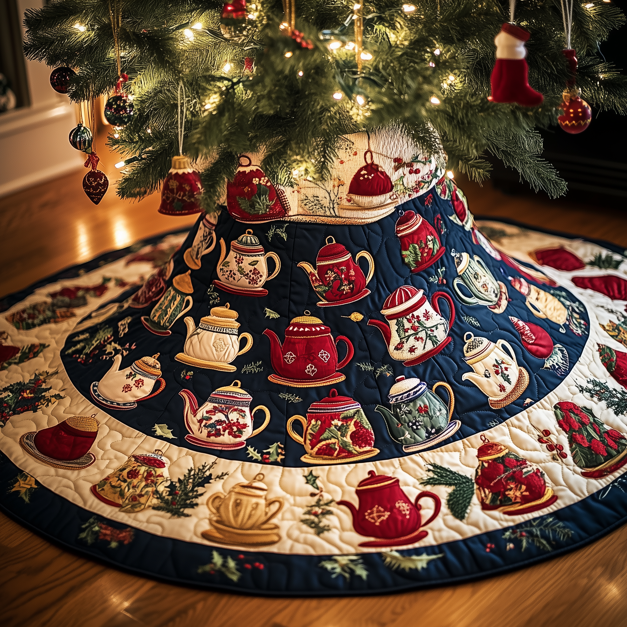 Festive Teapot Quilted Tree Skirt Xmas Tree Surround Decorations Themed Tea Holiday Gifts