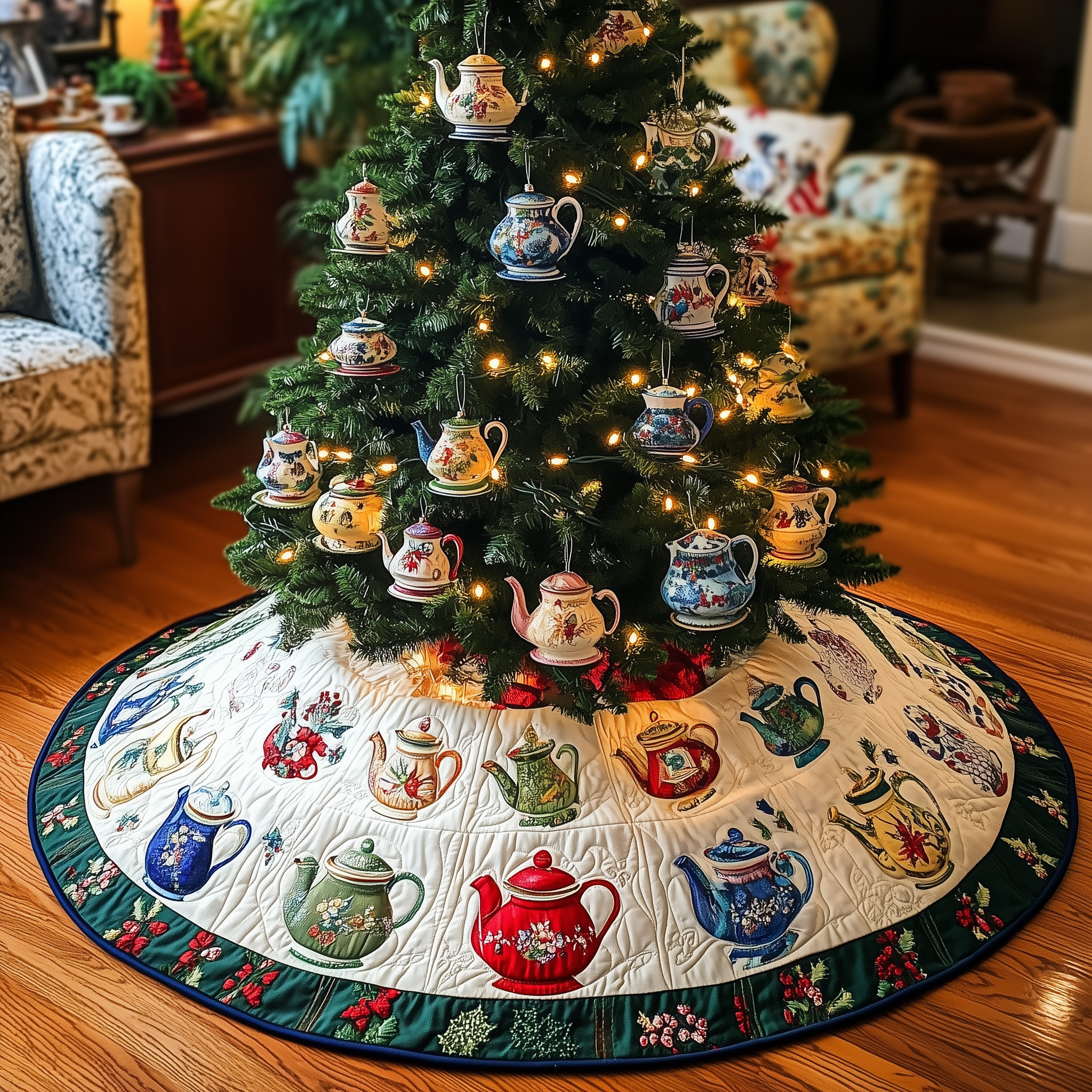 Festive Teapot Quilted Tree Skirt Xmas Tree Surround Decorations Themed Tea Holiday Gifts