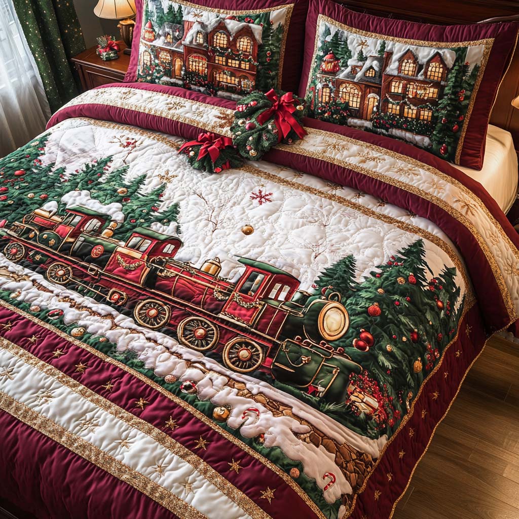 Festive Train Adventure Quilted Bedding Set Best Holiday Duvet Covers Christmas Gifts For Relatives