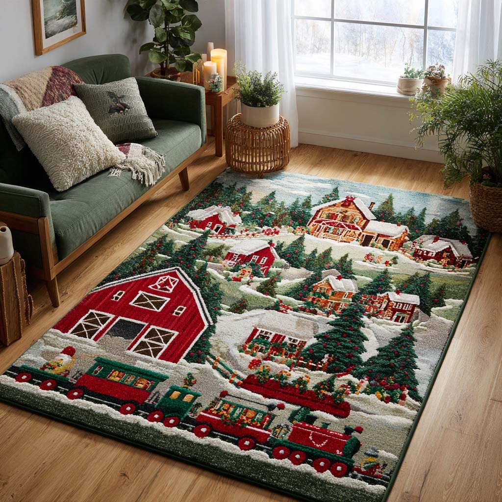 Festive Train Area Rug Christmas Kitchen Decor Xmas Gifts For Family