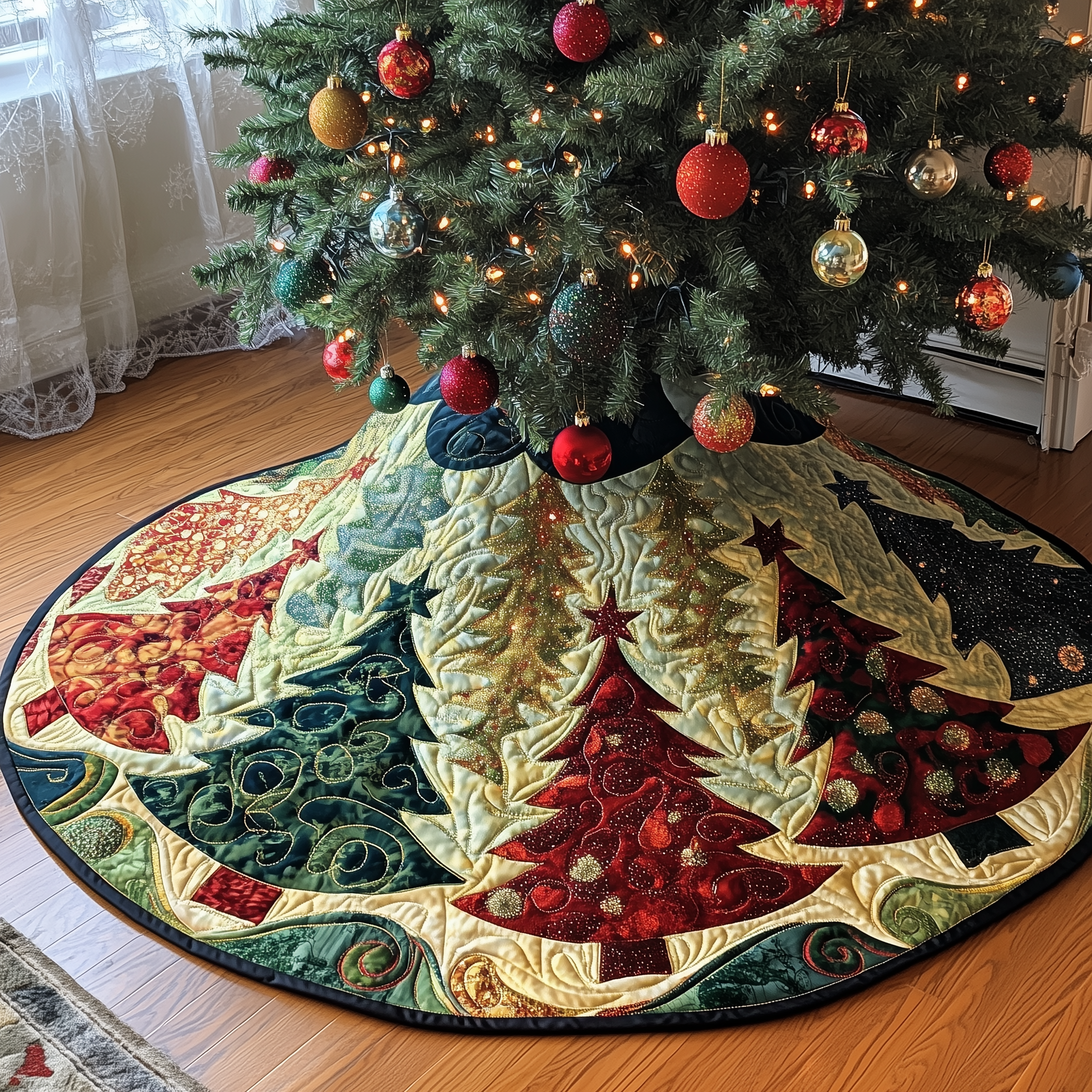 Festive Tree Christmas Quilted Tree Skirt Xmas Surround Tree Base Cover Indoor Home Holiday Decorations