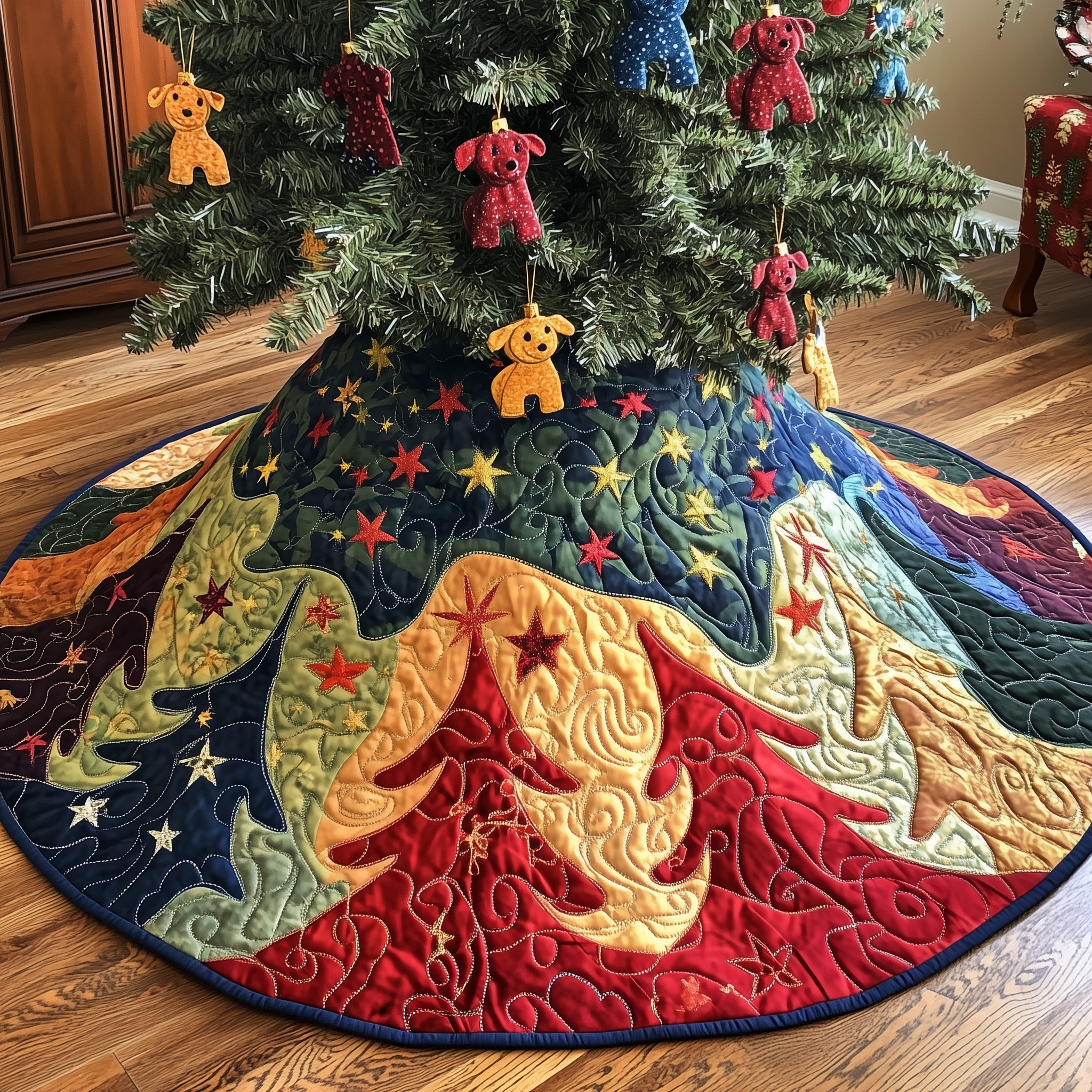 Festive Tree Christmas Quilted Tree Skirt Xmas Surround Tree Base Cover Indoor Home Holiday Decorations