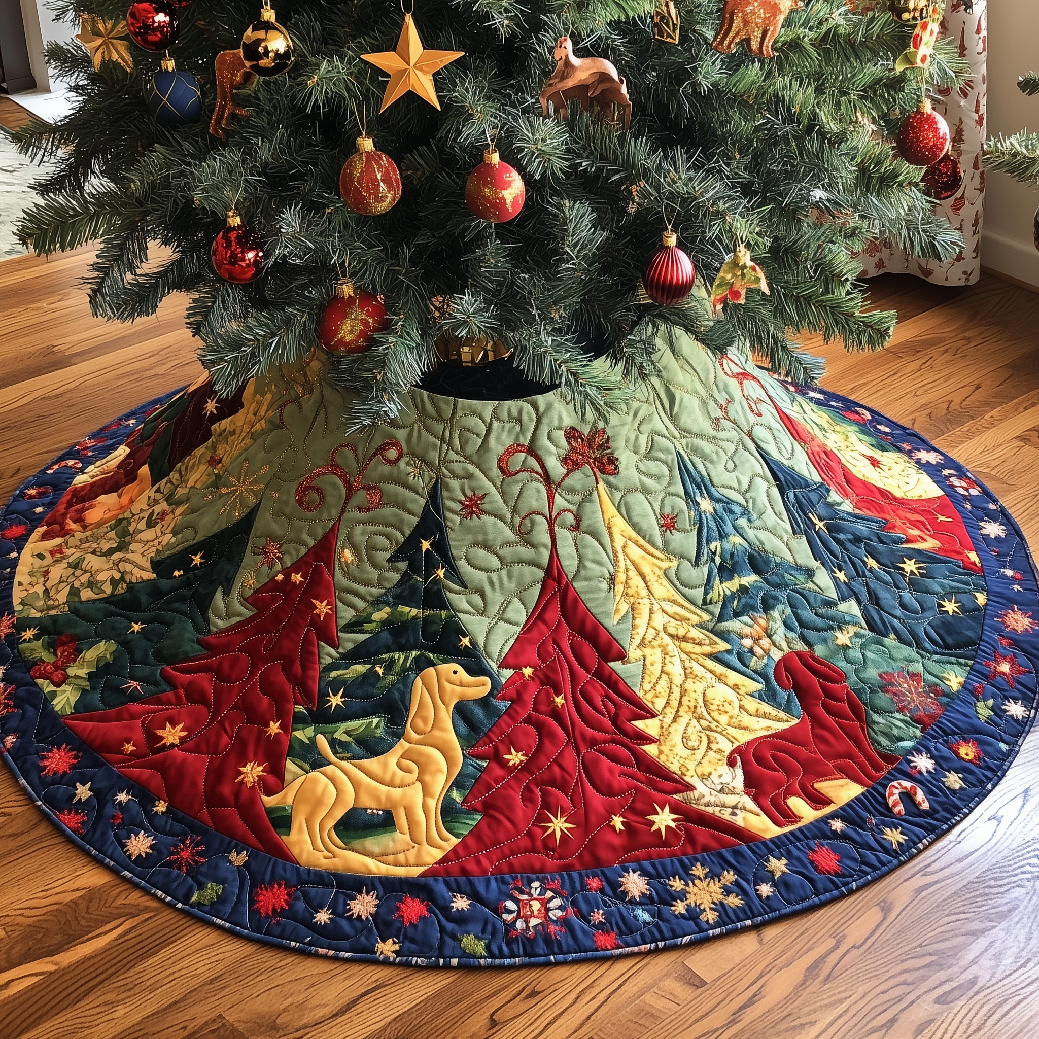 Festive Tree Christmas Quilted Tree Skirt Xmas Surround Tree Base Cover Indoor Home Holiday Decorations