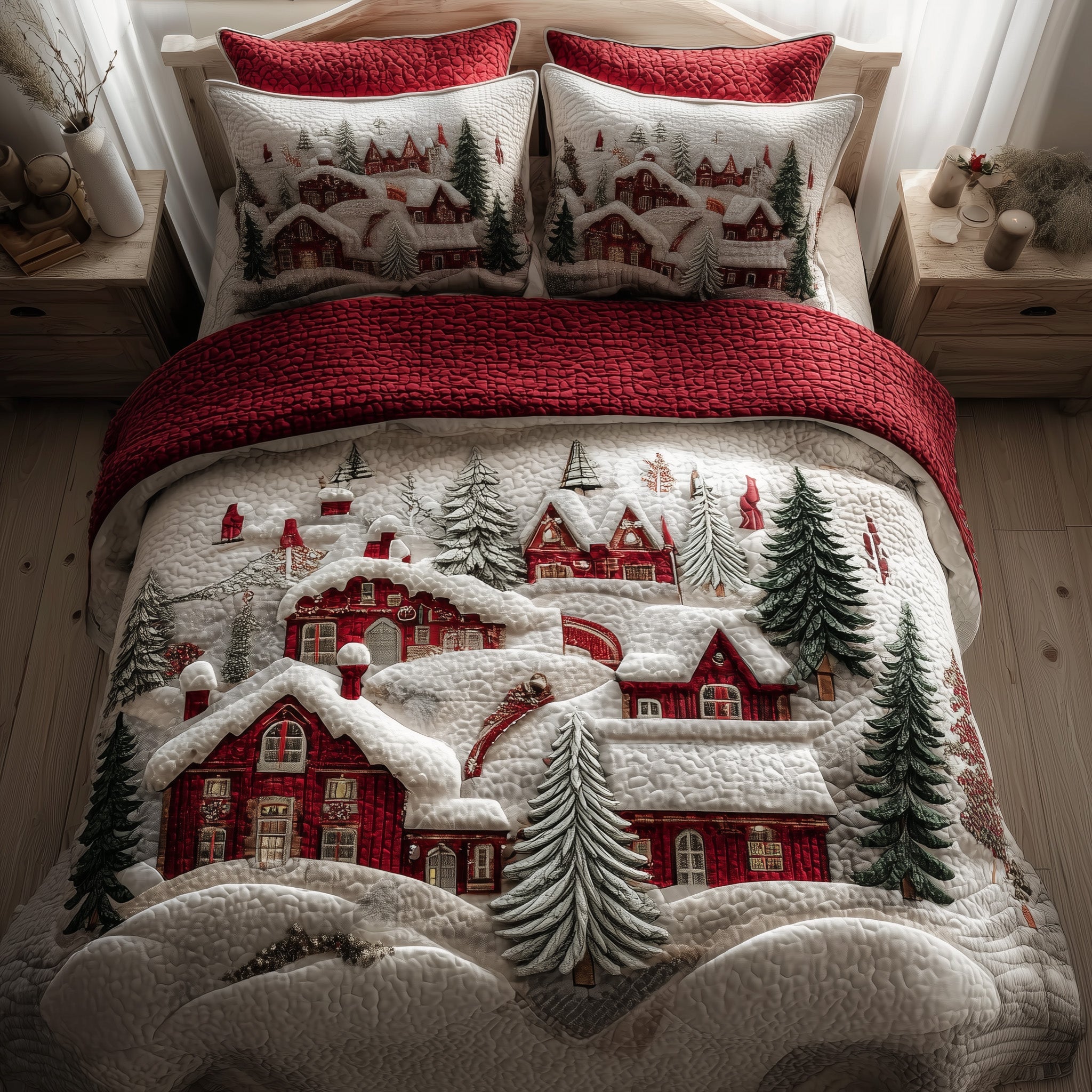 Festive Village Quilted Bedding Set Cozy Snow Village Best Christmas Day Gift Ideas