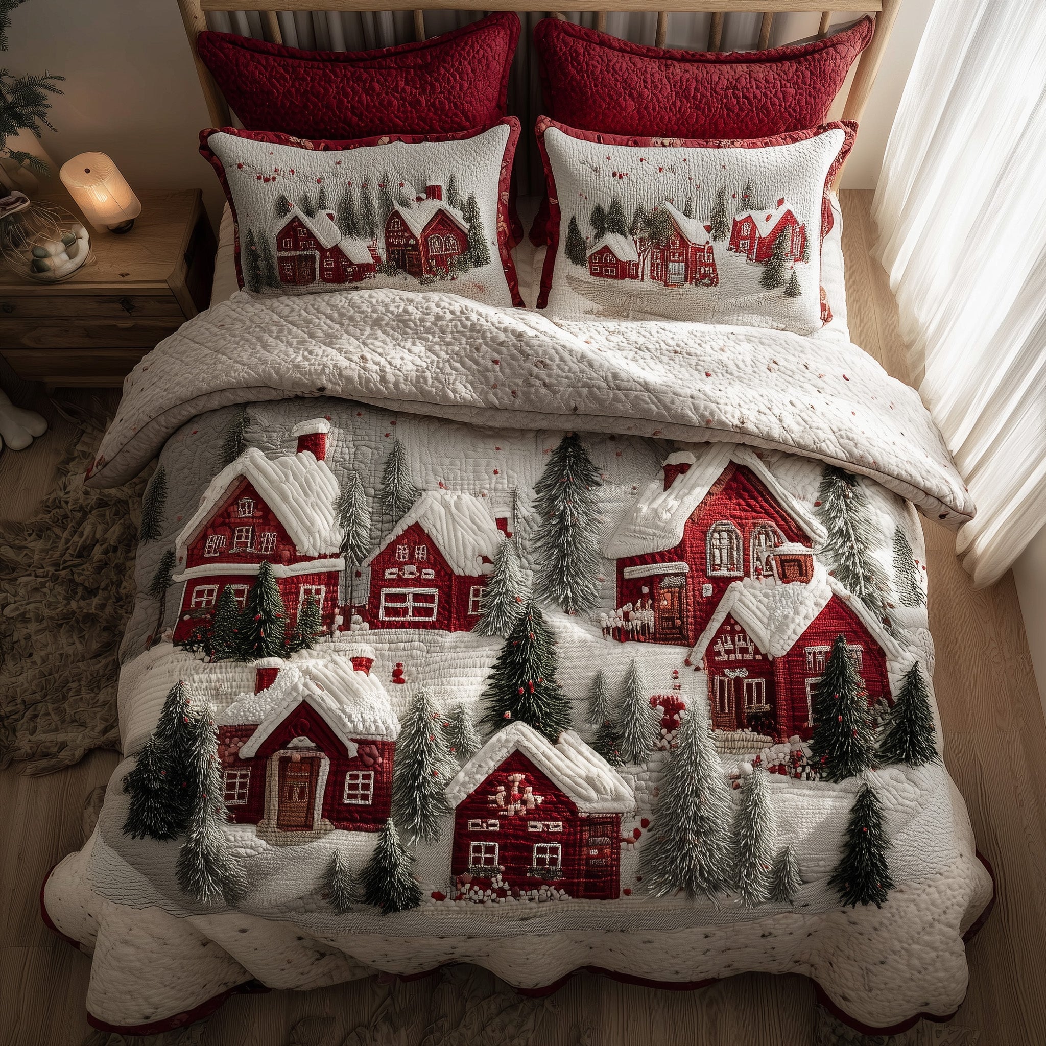 Festive Village Quilted Bedding Set Cozy Snow Village In Winter Christmas Gift Ideas