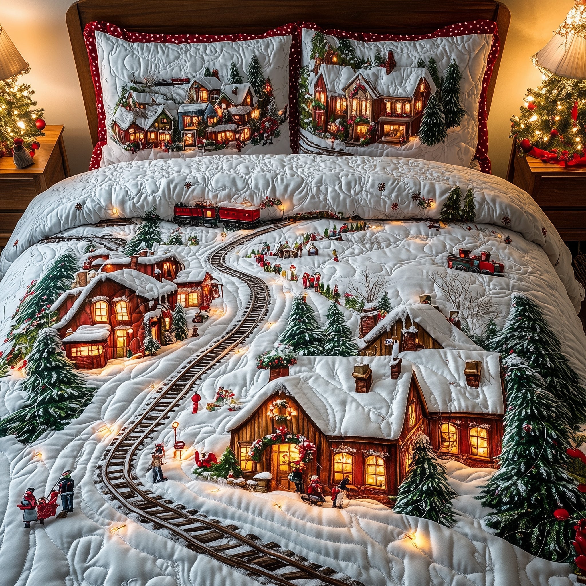 Festive Village Quilted Bedding Set Snow Scene Holiday Quilt Awesome Xmas Gifts For Her
