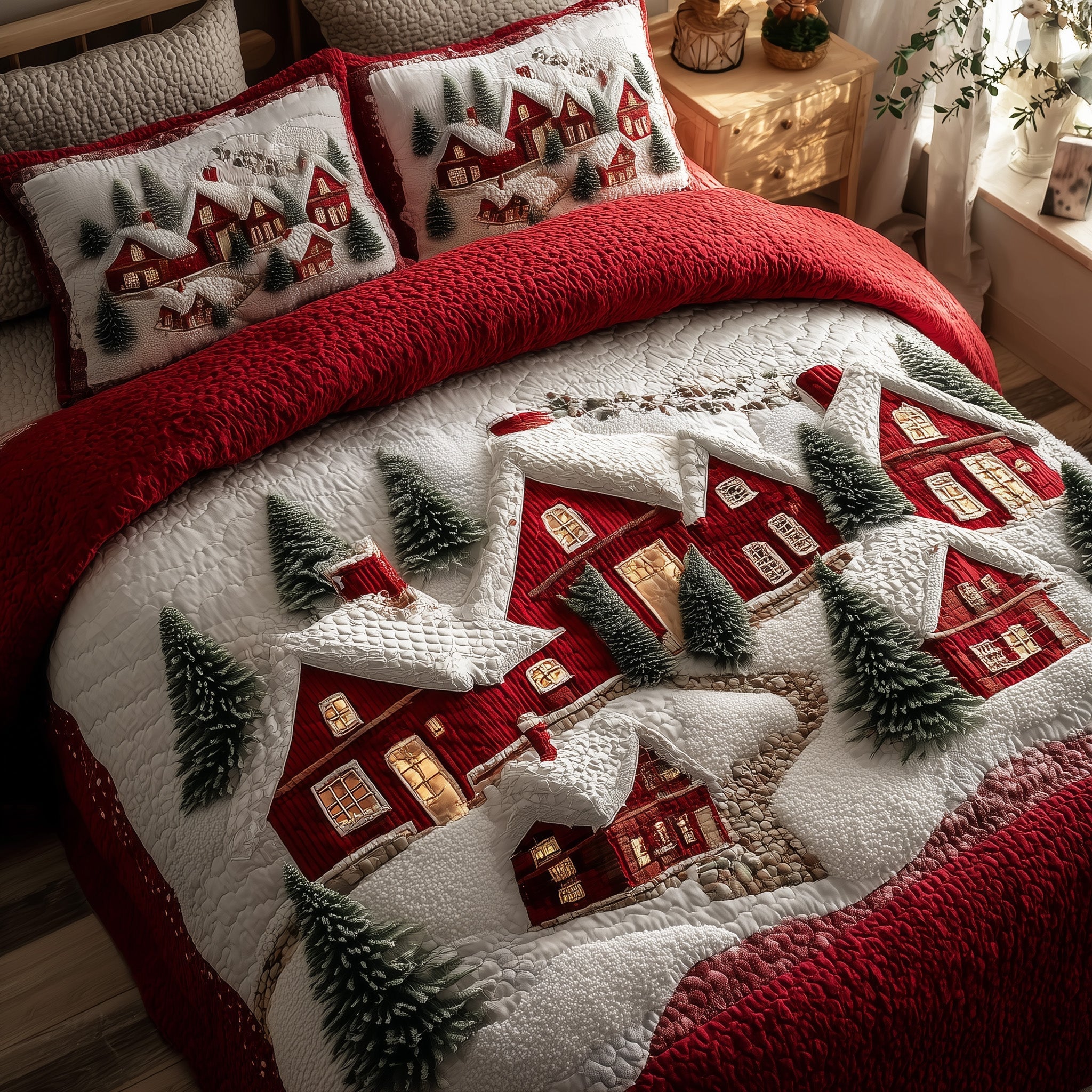 Festive Village Quilted Bedding Set Snowy Winter Town Quilt Awesome Xmas Bedding Gifts