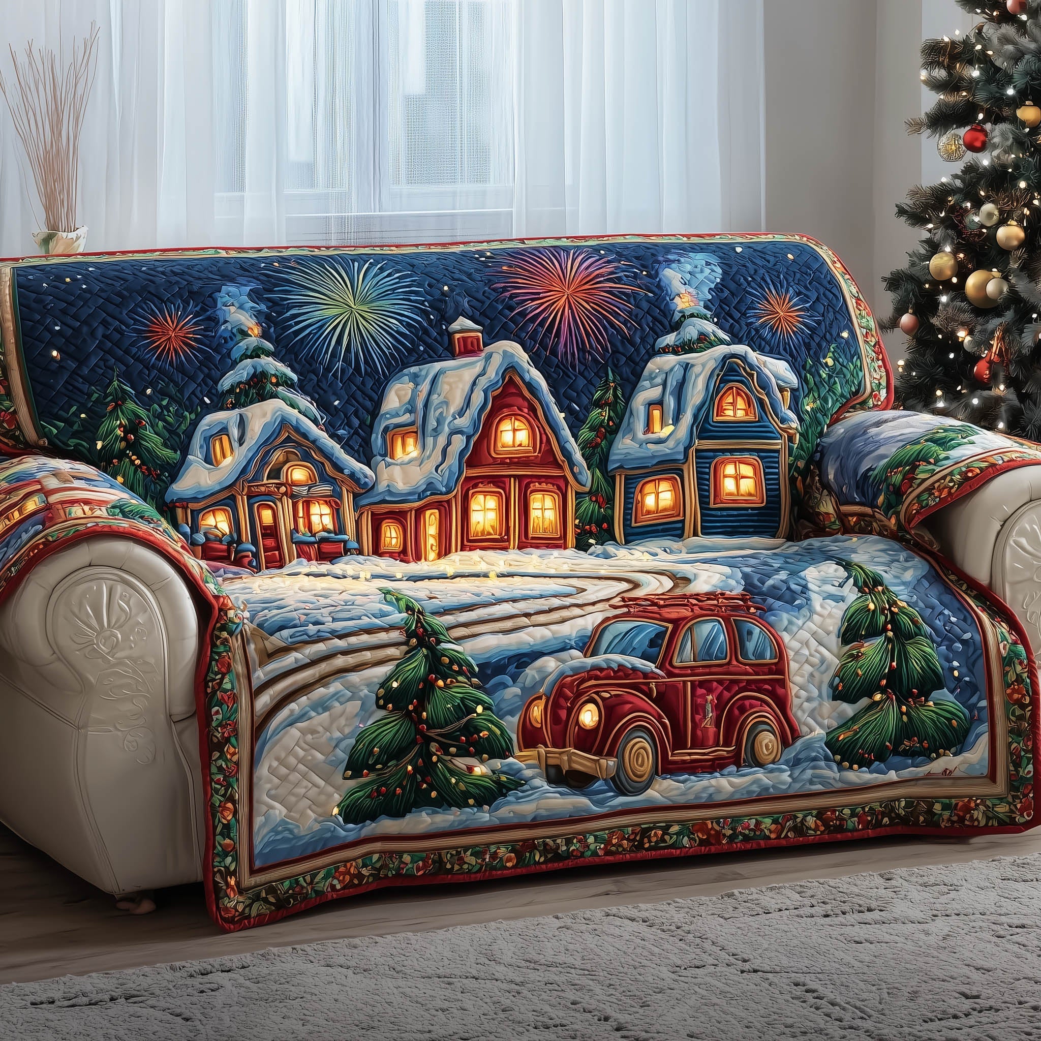 Festive Village Quilted Sofa Cover Cheerful Town Christmas Motif Gifts For House Warming