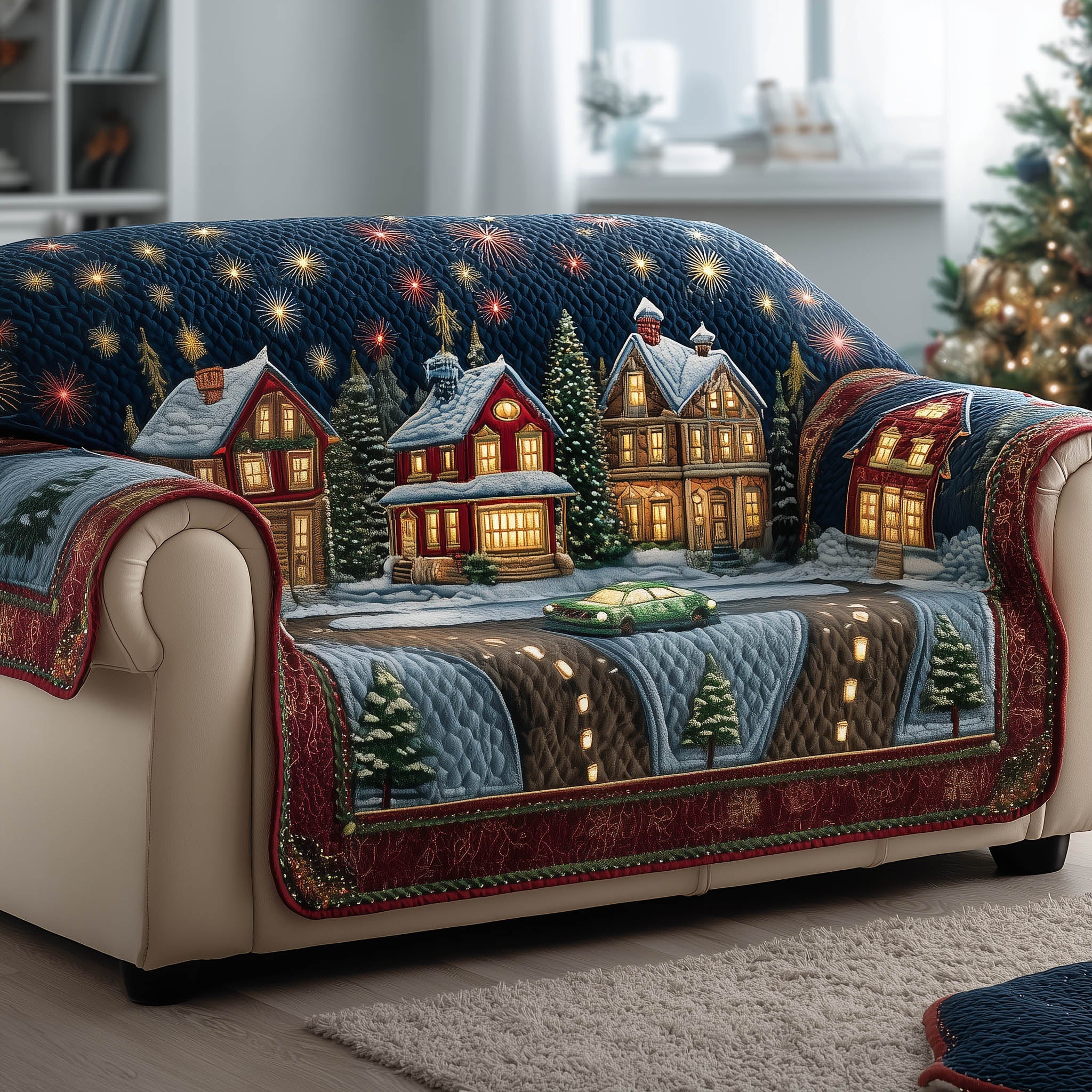 Festive Village Quilted Sofa Cover Holiday Community Scene Gifts For House Warming