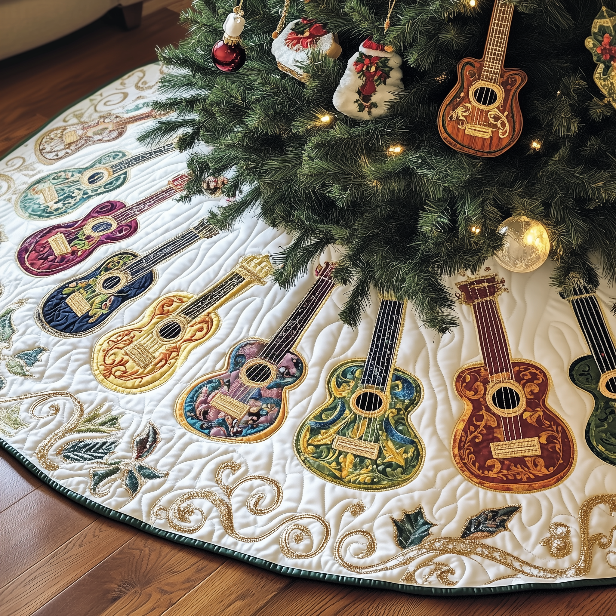 Festive Vintage Ukulele Quilted Tree Skirt Best New Year Gift Merch