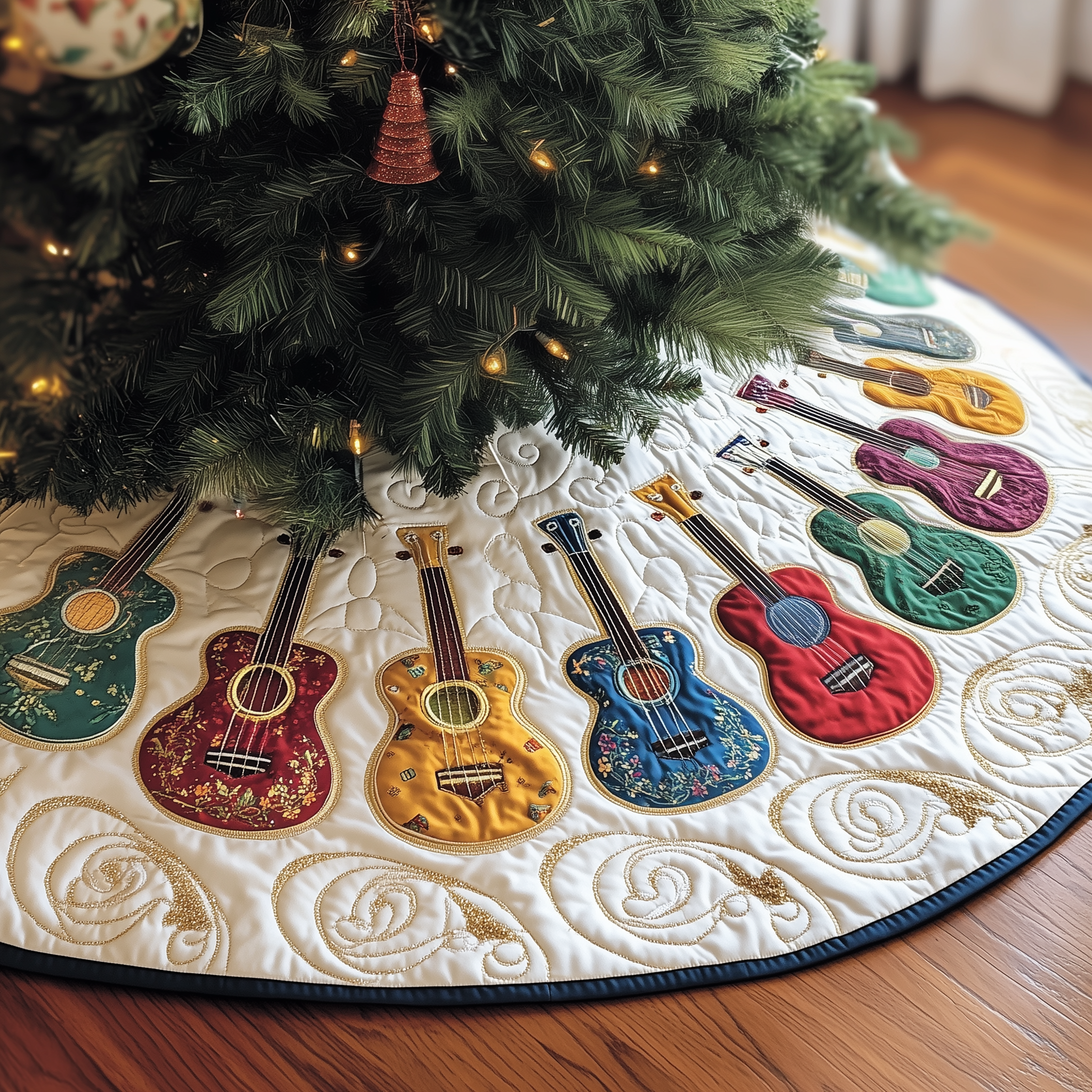 Festive Vintage Ukulele Quilted Tree Skirt Heartfelt Gift Merch For Mom