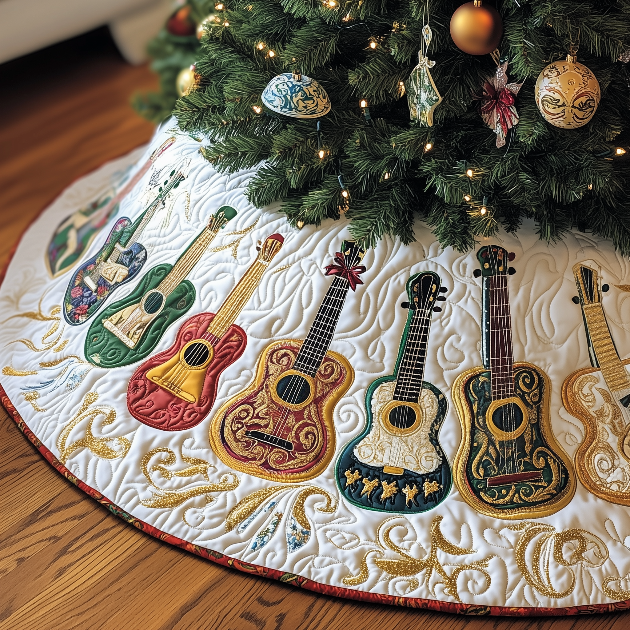 Festive Vintage Ukulele Quilted Tree Skirt Perfect Gift Merch For Her