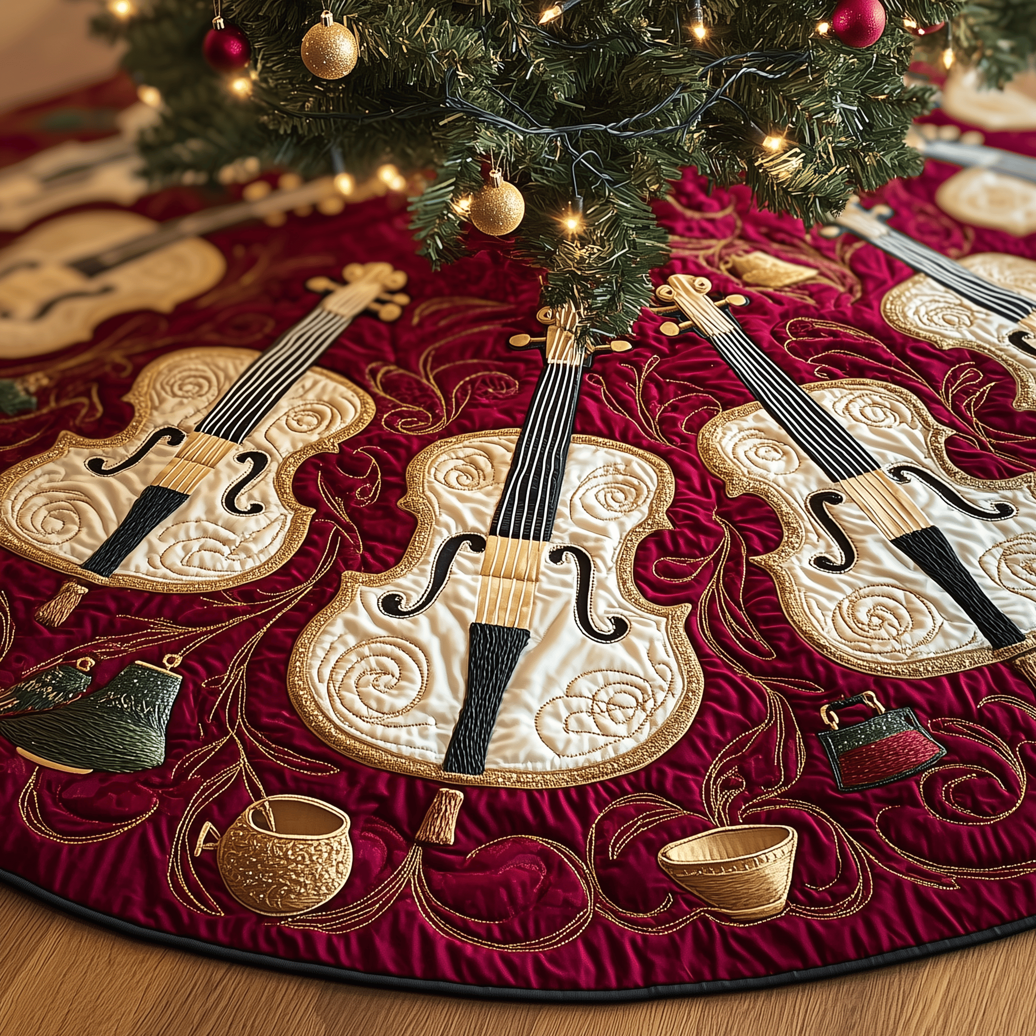 Festive Violins Quilted Tree Skirt Christmas Tree Base Cover Holiday Gifts For Grandma
