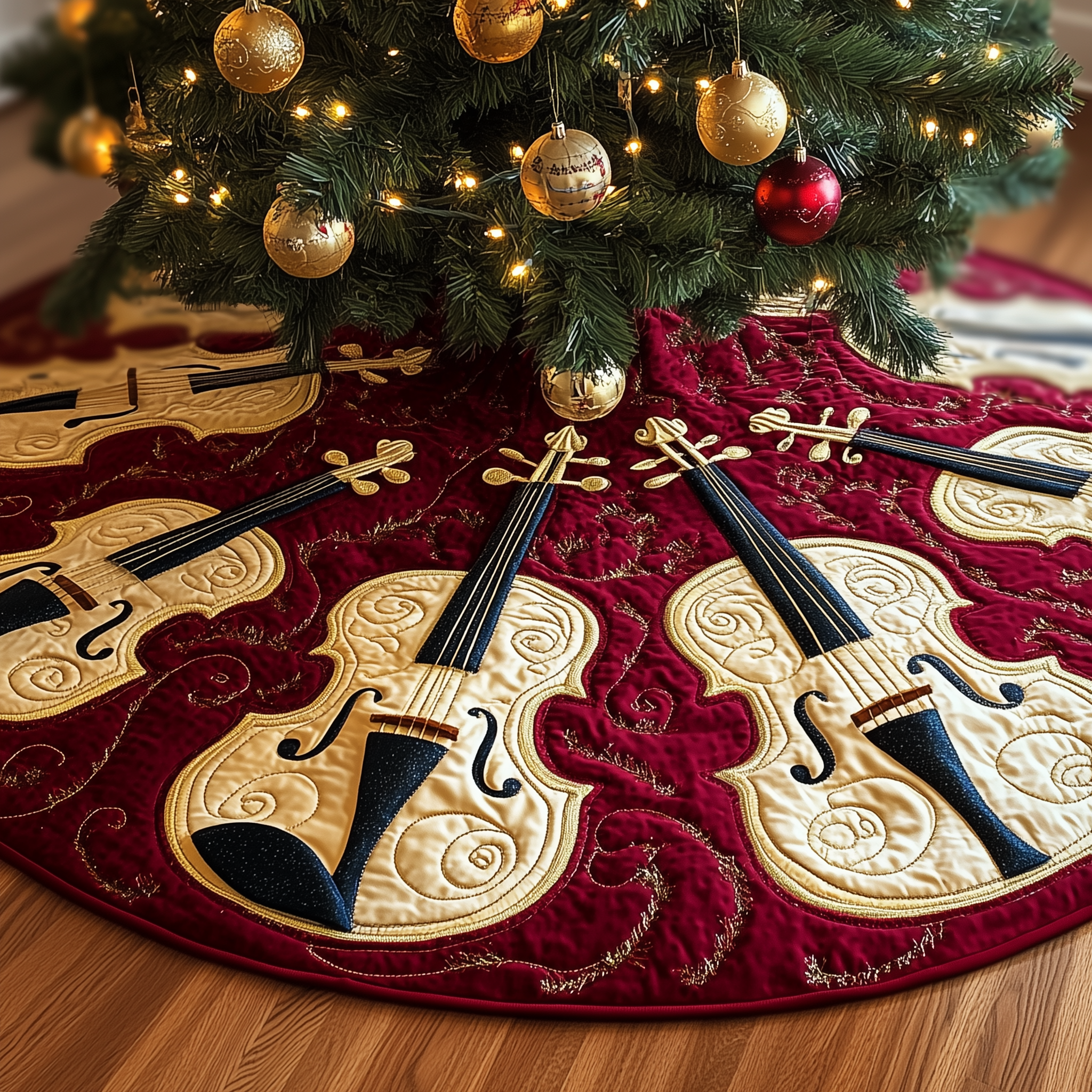 Festive Violins Quilted Tree Skirt Cozy Home Decor Gift Merch