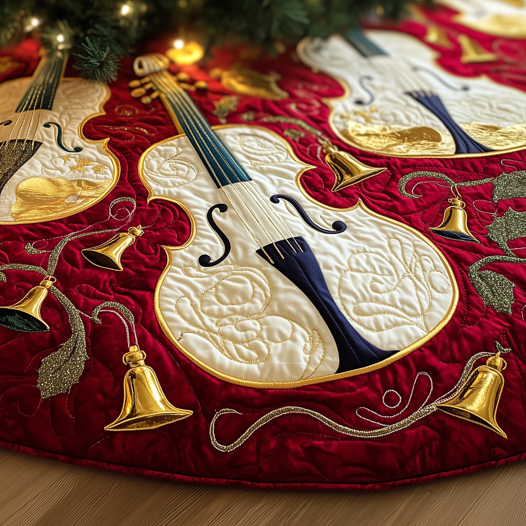 Festive Violins Quilted Tree Skirt Holiday Christmas Tree Base Cover Christmas Gifts For Violinists