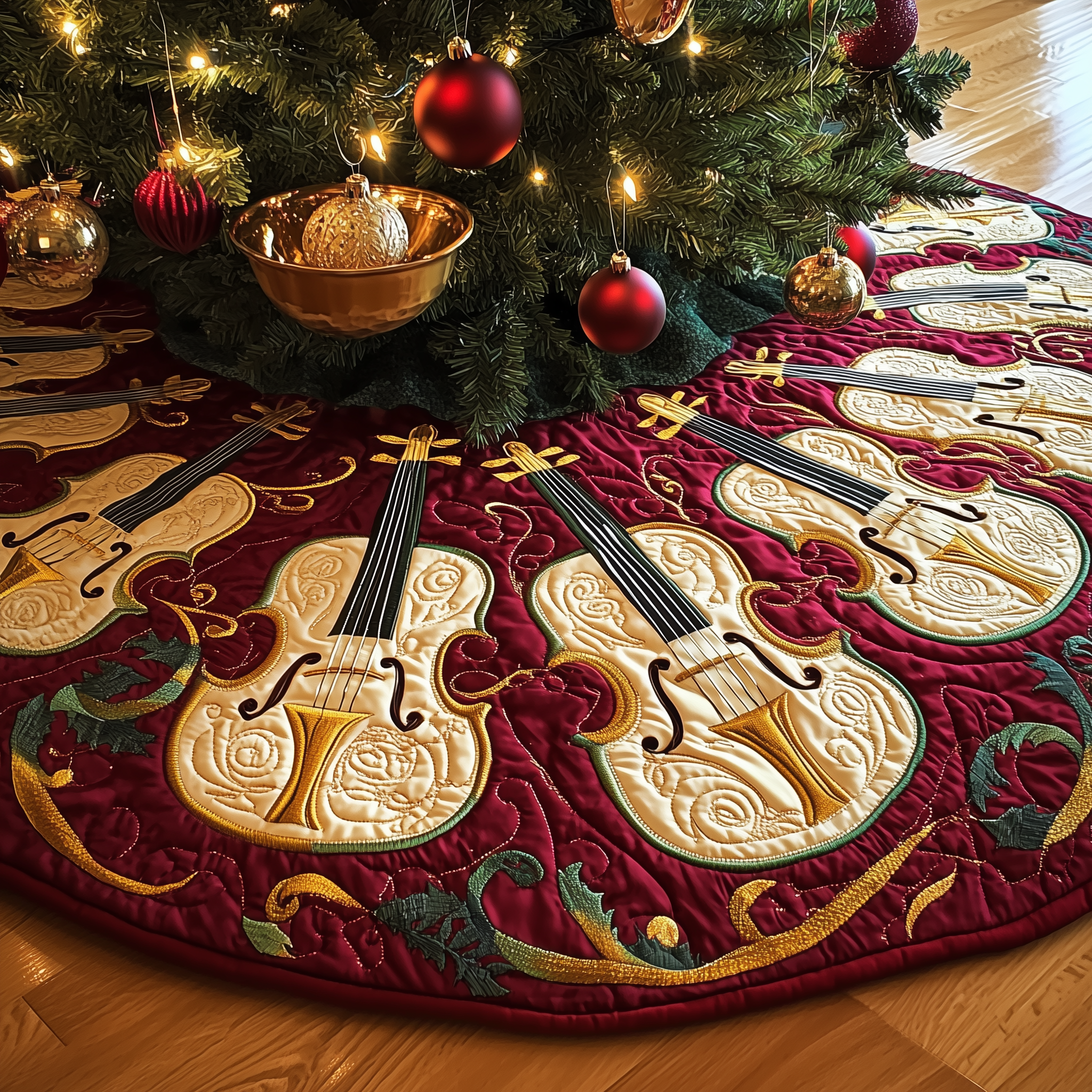 Festive Violins Quilted Tree Skirt Holiday Christmas Tree Base Cover Christmas Gifts For Violinists