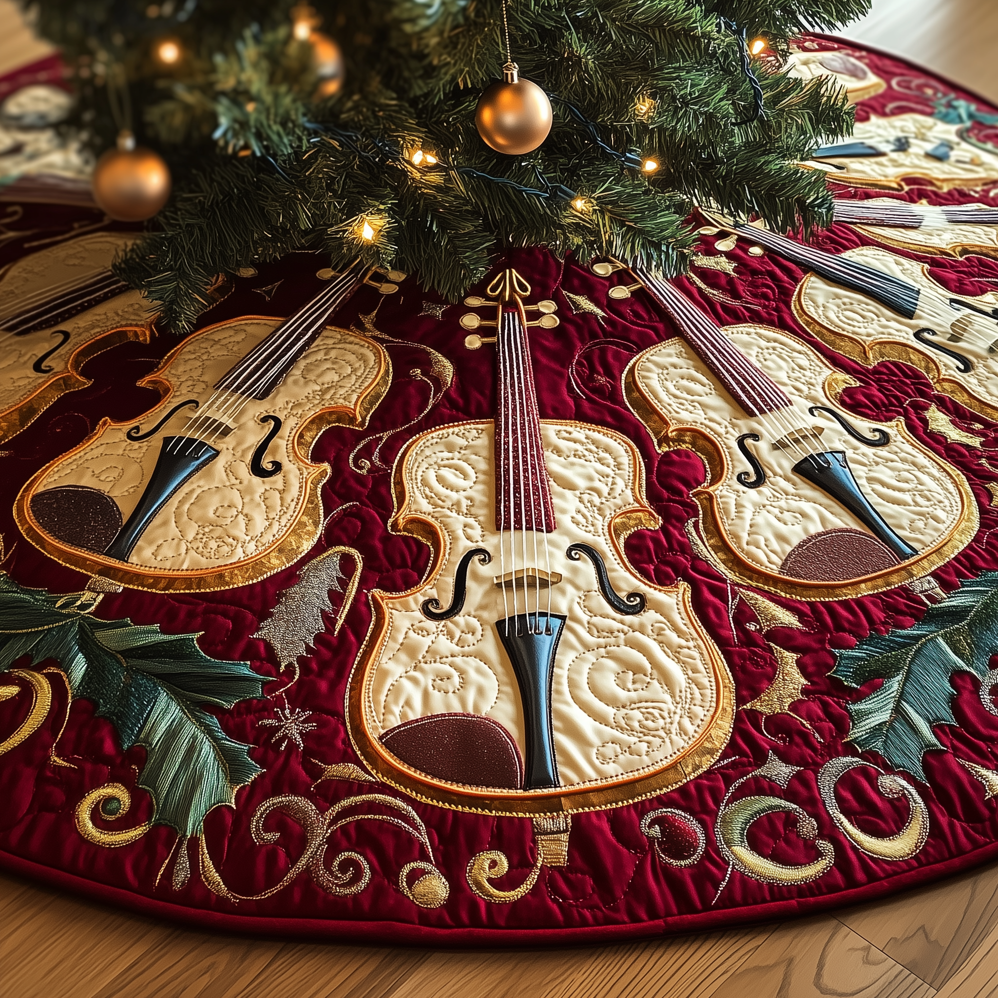 Festive Violins Quilted Tree Skirt Holiday Christmas Tree Base Cover Christmas Gifts For Violinists