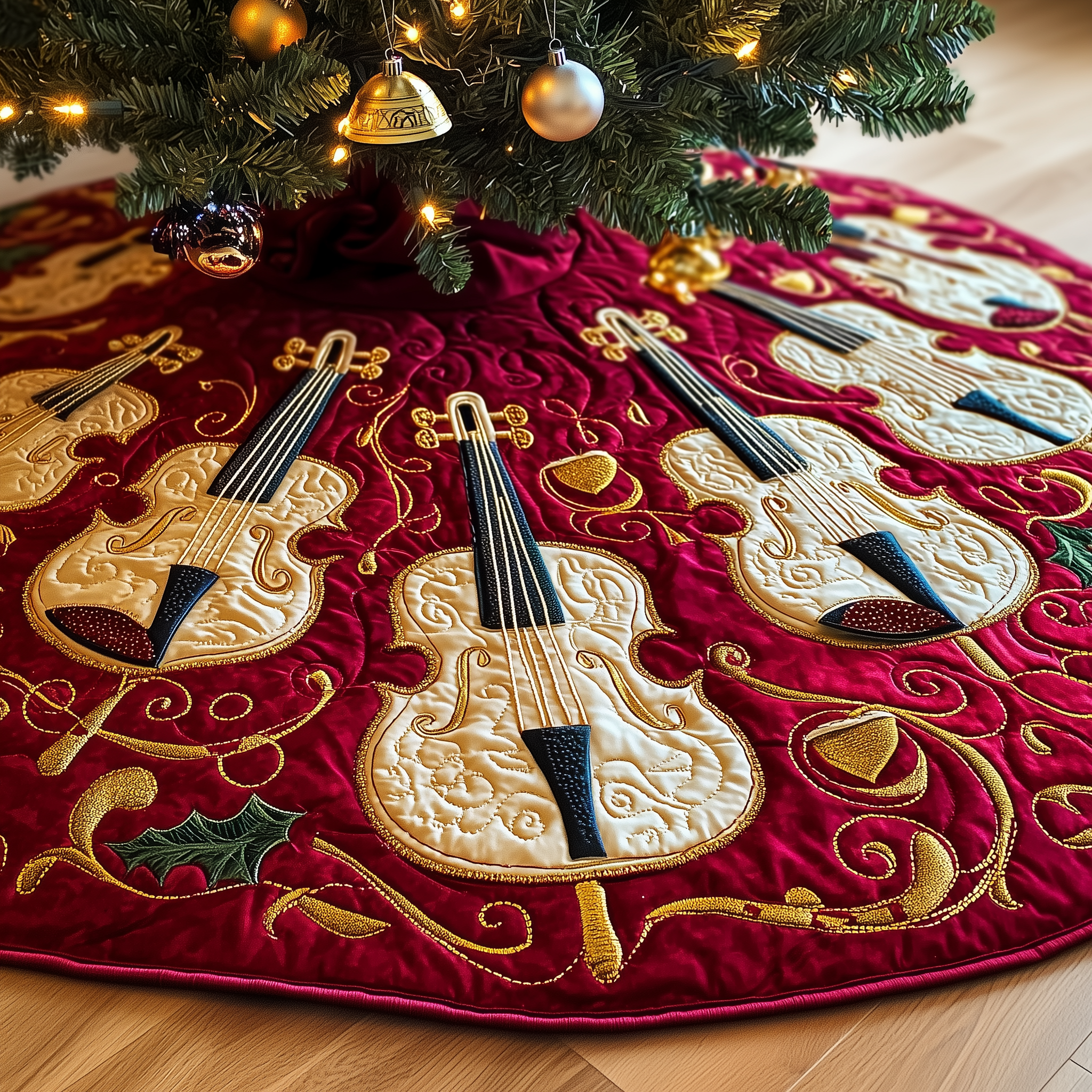 Festive Violins Quilted Tree Skirt Holiday Christmas Tree Base Cover Christmas Gifts For Violinists