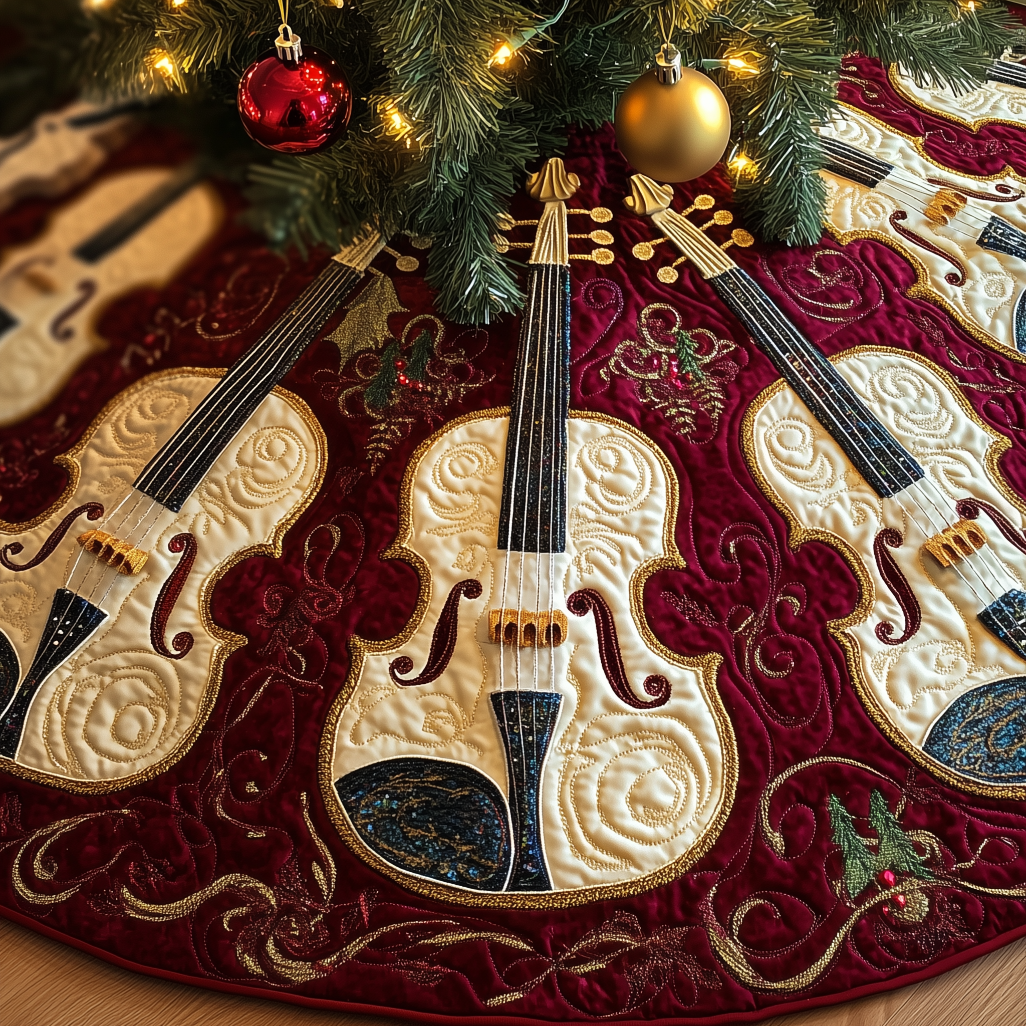 Festive Violins Quilted Tree Skirt Warm Gift Merch For Family