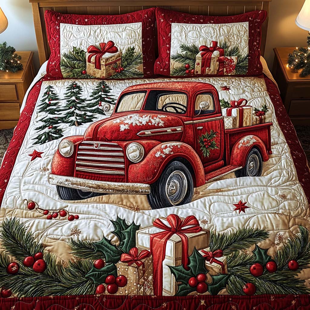 Festive Wheels Quilted Bedding Set Christmas Comforter Xmas Gifts For Daughters