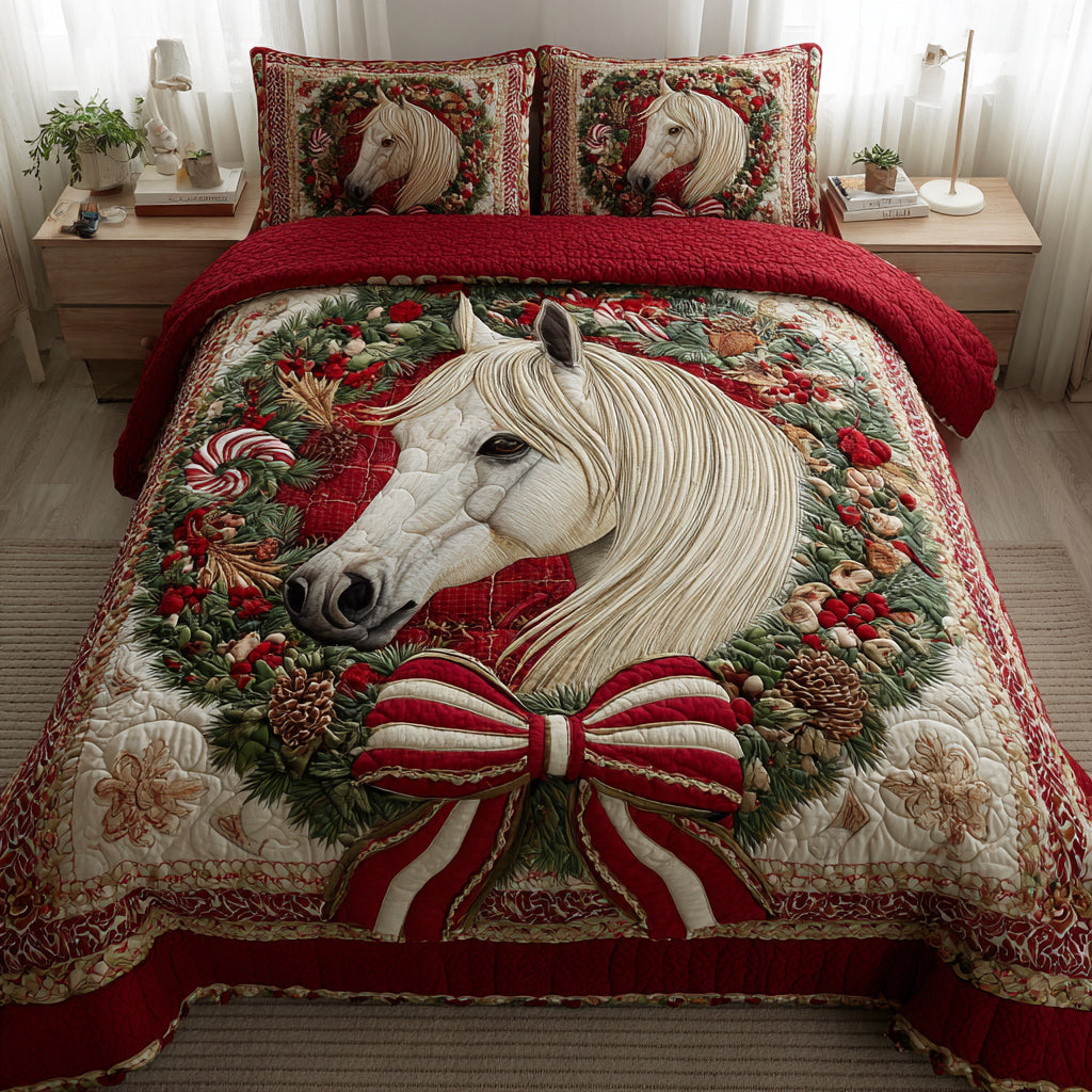 Festive White Horse Quilted Bedding Set Holiday Duvet Covers Horse Themed Gifts For Adults