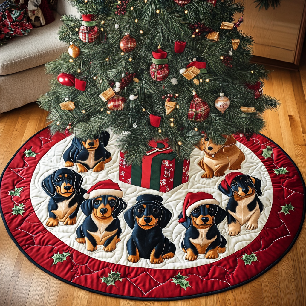 Festive Wiener Wonderland Chritstmas Quilted Tree Skirt Christmas Holiday Decor Home