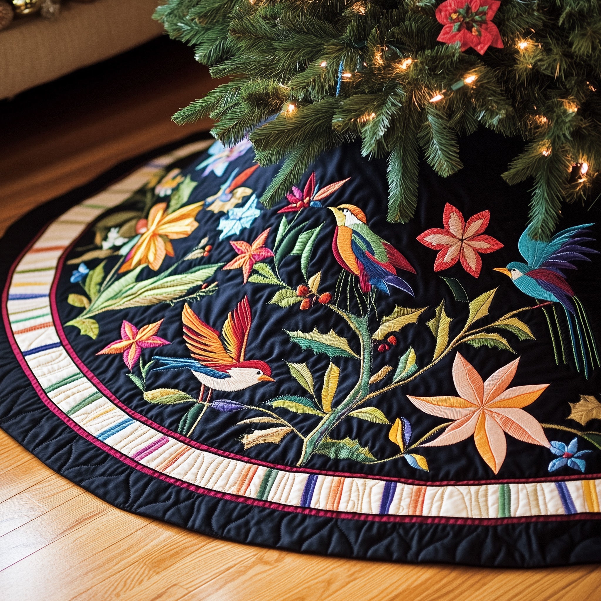 Festive Wings Quilted Tree Skirt Warm Winter Home Merch