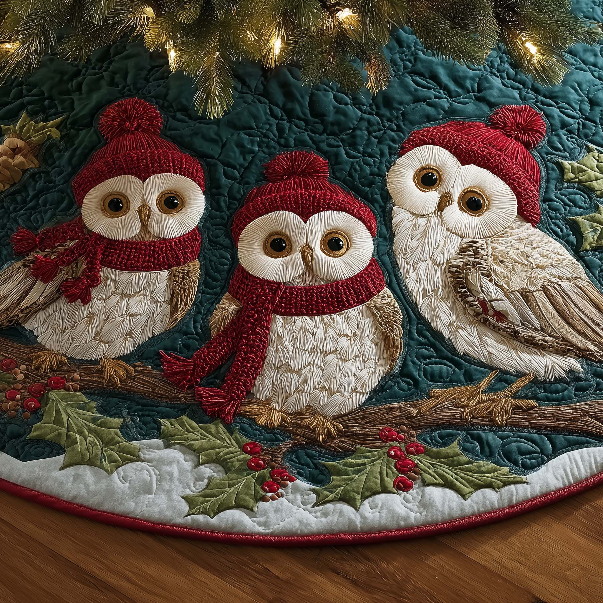 Festive Winter Night Owls Quilted Tree Skirt Indoor Christmas Decorations Xmas Gifts For Owl Owner