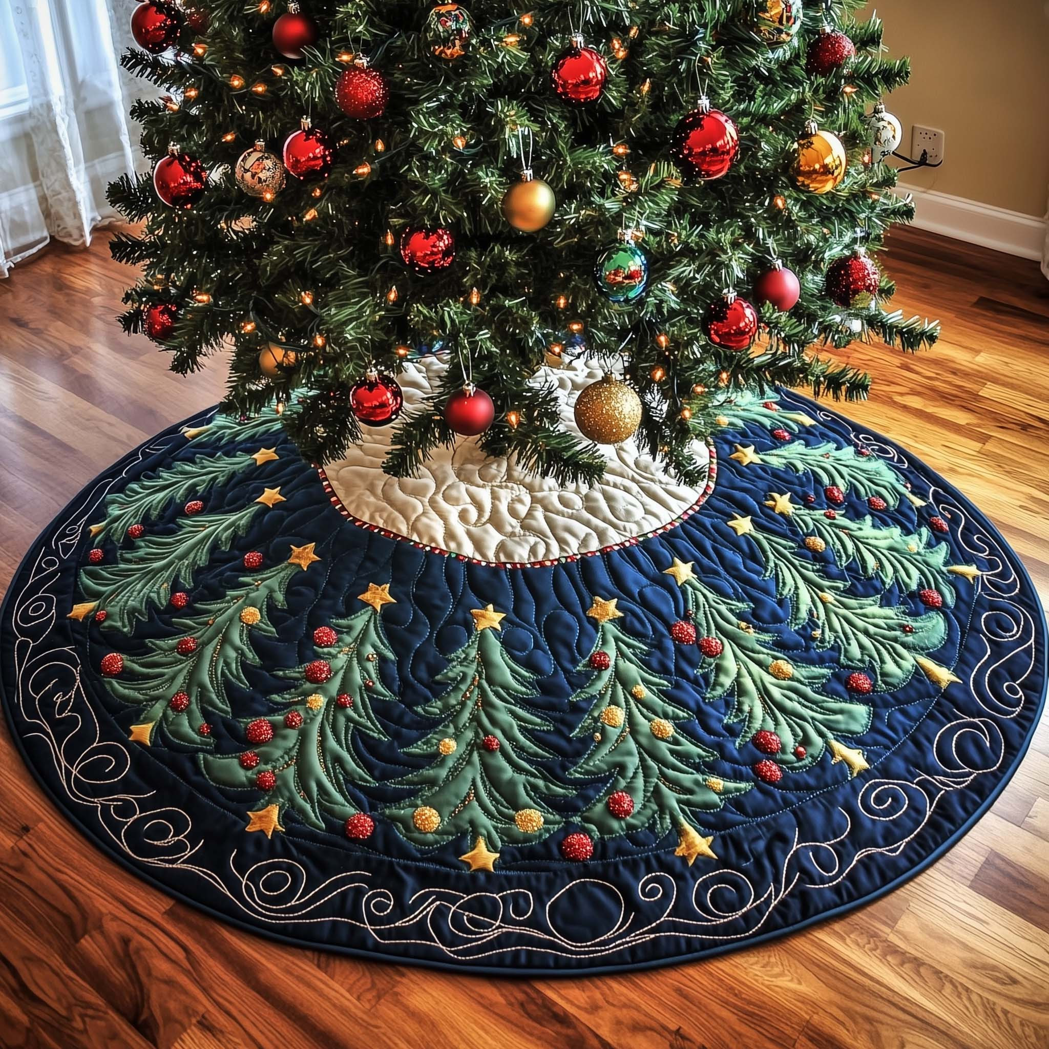 Festive Winter Pine Quilted Tree Skirt Christmas Home Decor Xmas Gifts For Mother