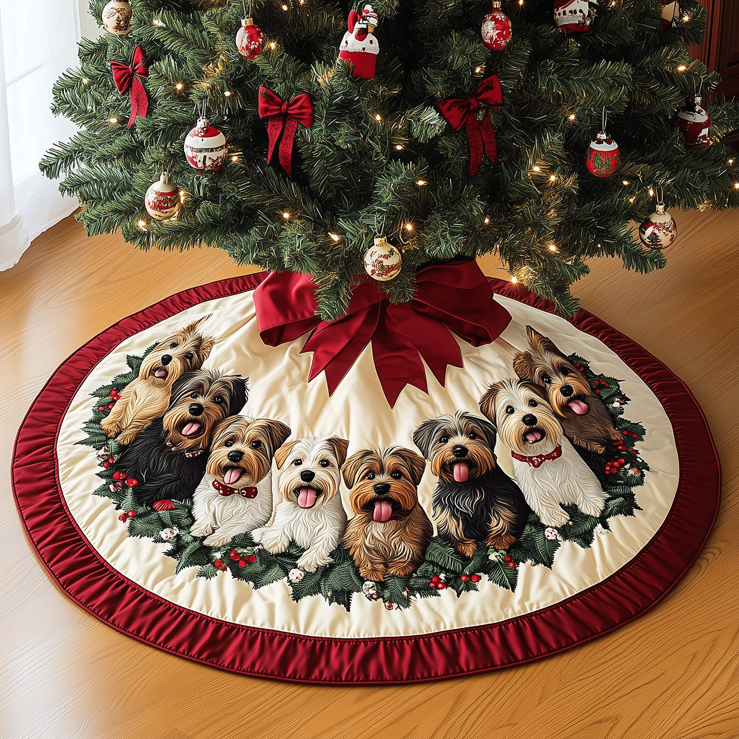 Festive Yorkie Circle Quilted Christmas Tree Skirt Christmas Holiday Decor Home