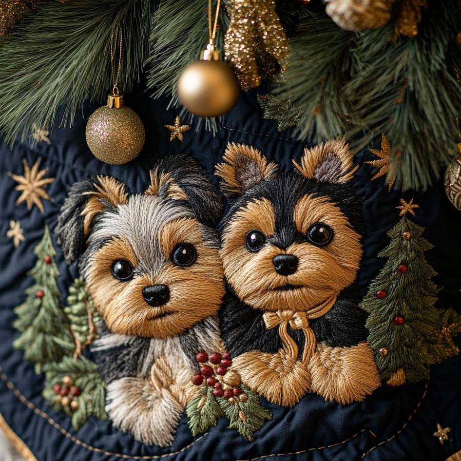 Festive Yorkie Quilted Christmas Tree Skirt Adorable Holiday Tree Skirt for Cozy Spaces