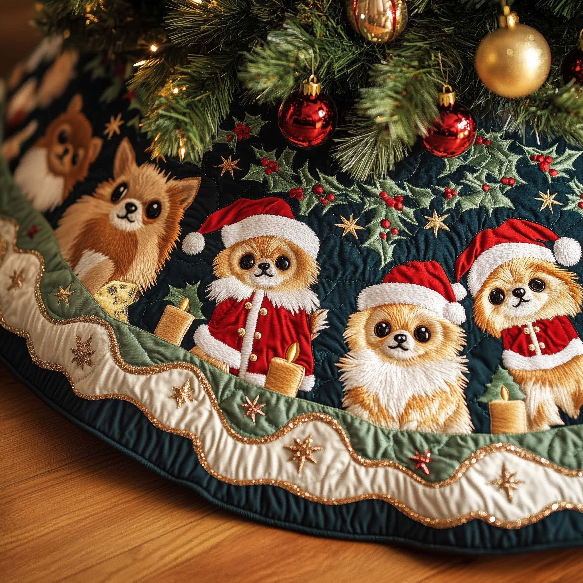 Festvie Pomeranian Dog Quilted Tree Skirt Xmas Themed Stylish Home Accents Dog Gifts For Xmas