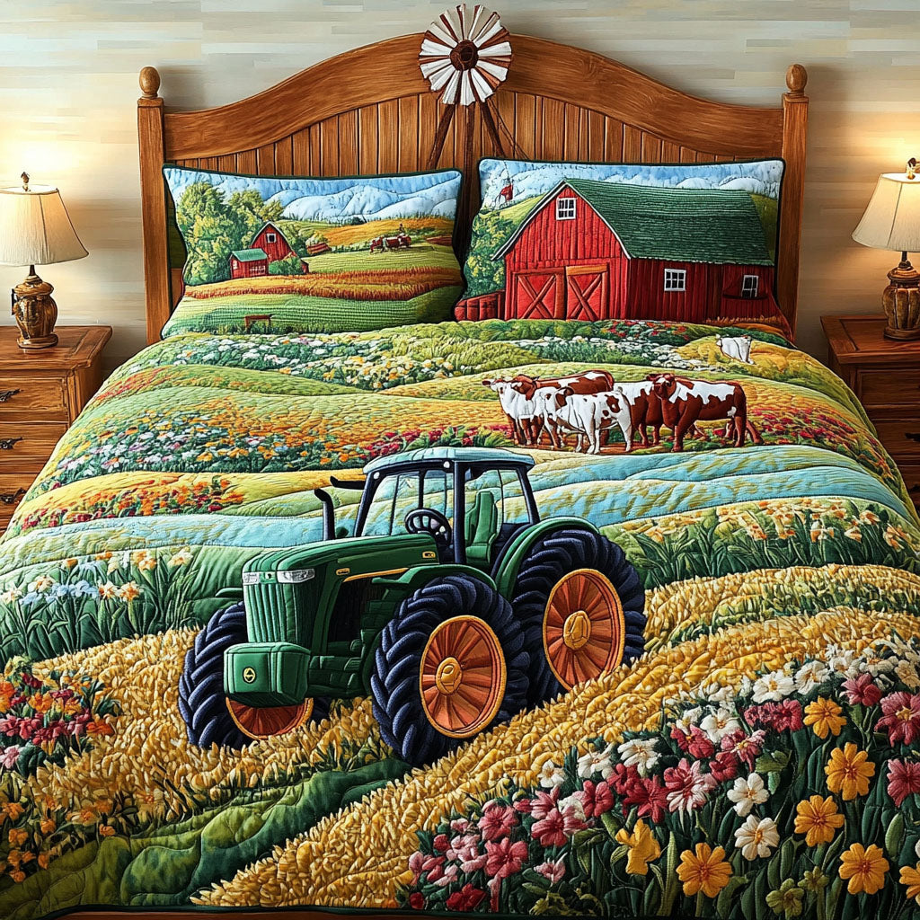 Field of Dreams Quilted Bedding Set Bed Room Decoration Tractor Gifts For Him