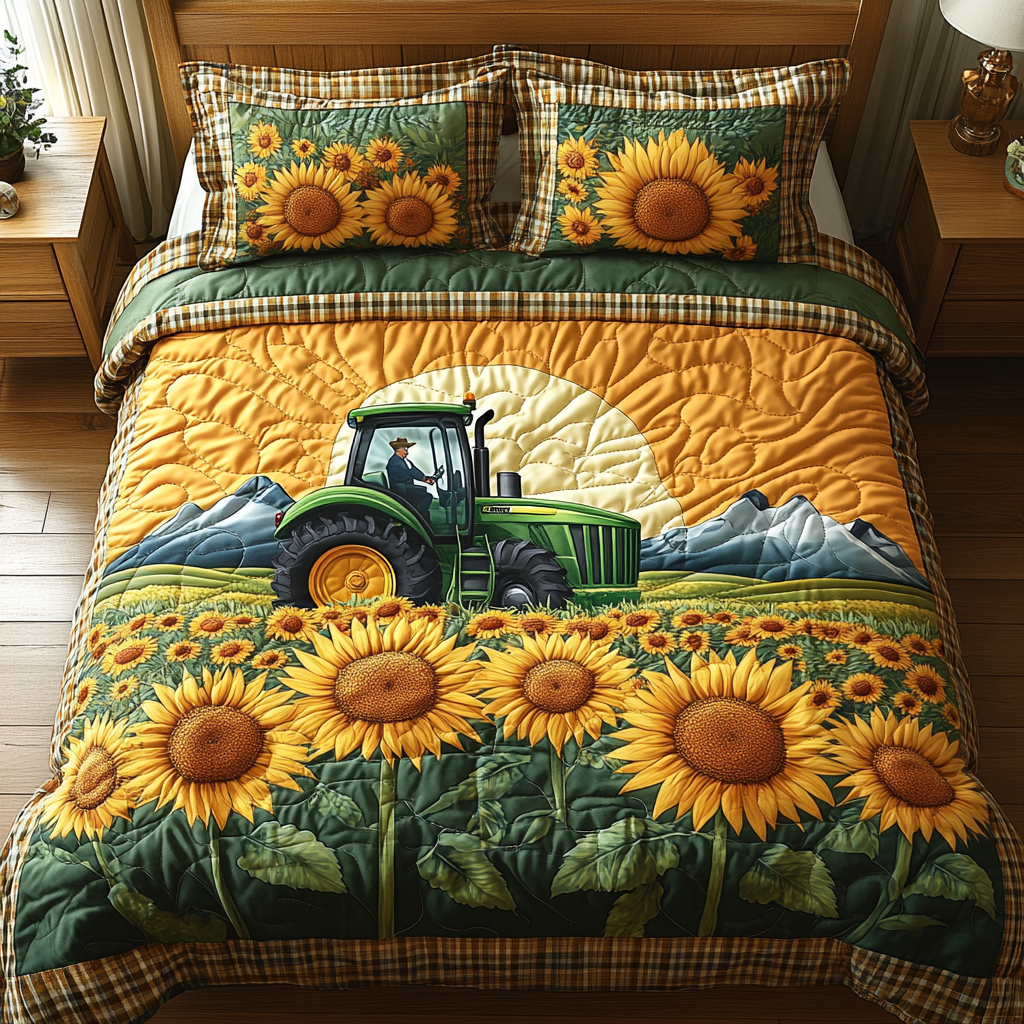 Fields of Gold Quilted Bedding Set Aesthetic Room Decor Tractor Related Gifts