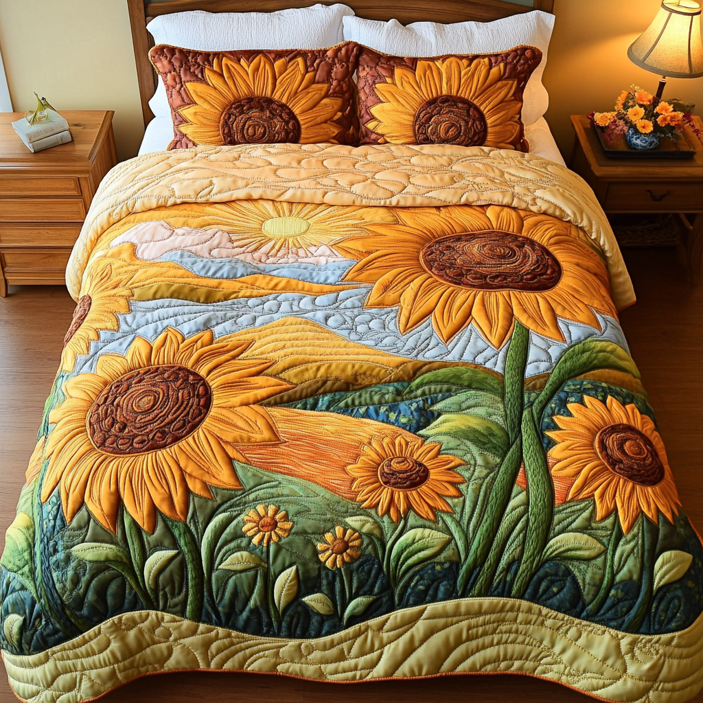 Fields Of Gold Quilted Bedding Set Perfect Housewarming Gift for a Cozy Bedroom