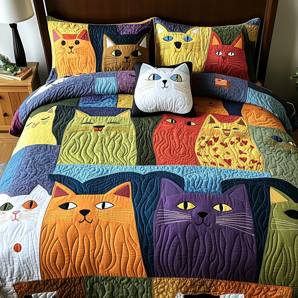 Fierce Cat Quilted Bedding Set Aesthetic Room Decor Cool Gifts For Cat Owners
