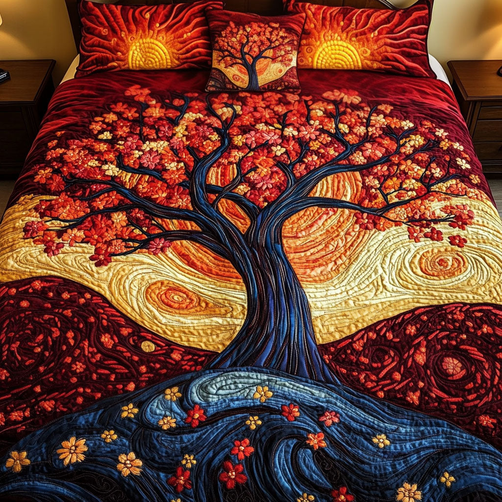 Fiery Blossom Tree Quilted Bedding Set Bed Decorations Tree Of Life Merchandise