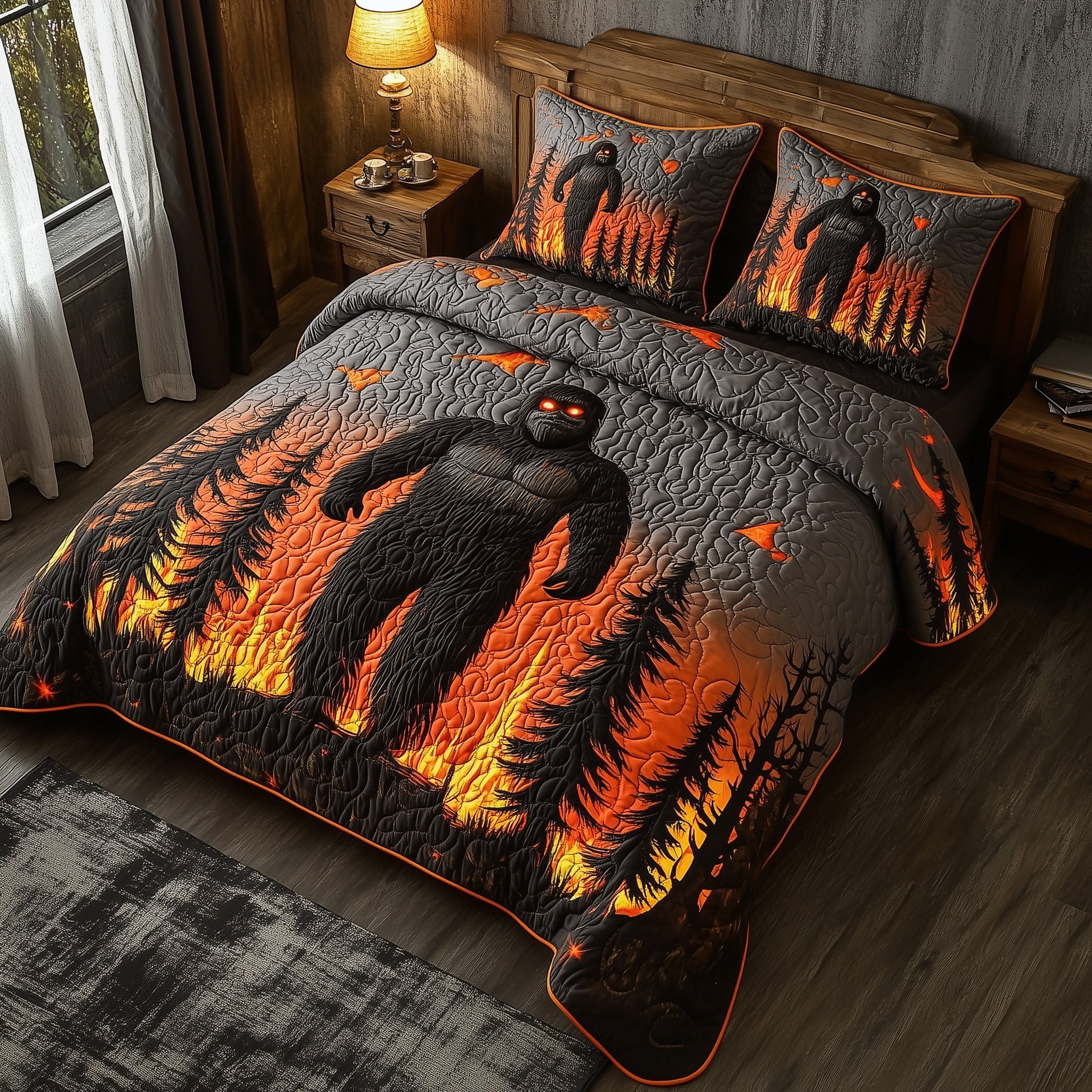 Fiery Flames Quilted Bedding Set Duvet Cover Bedspread Big Foot Gift Ideas