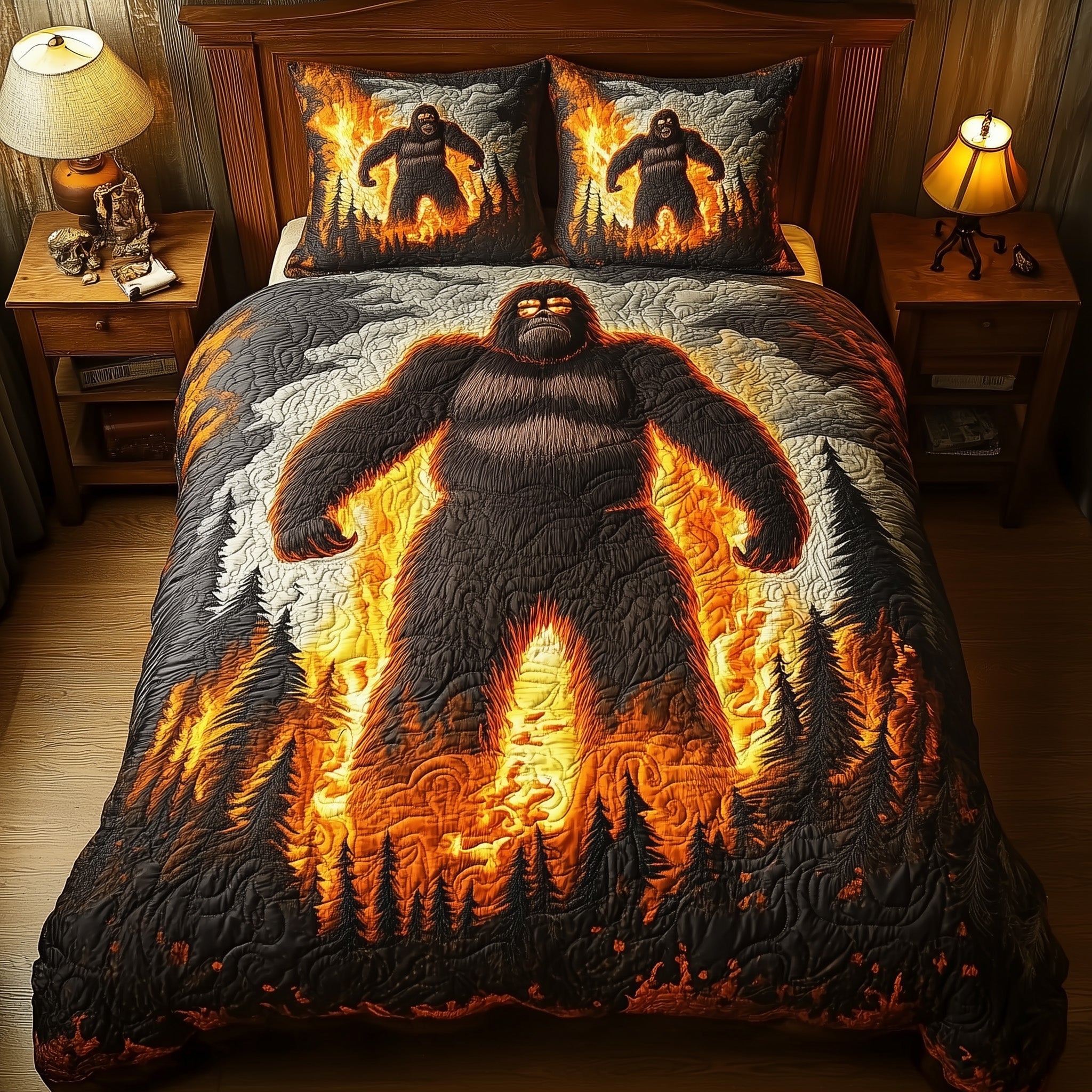 Fiery Flames Quilted Bedding Set Duvet Cover Bedspread Gifts For Sasquatch Lovers