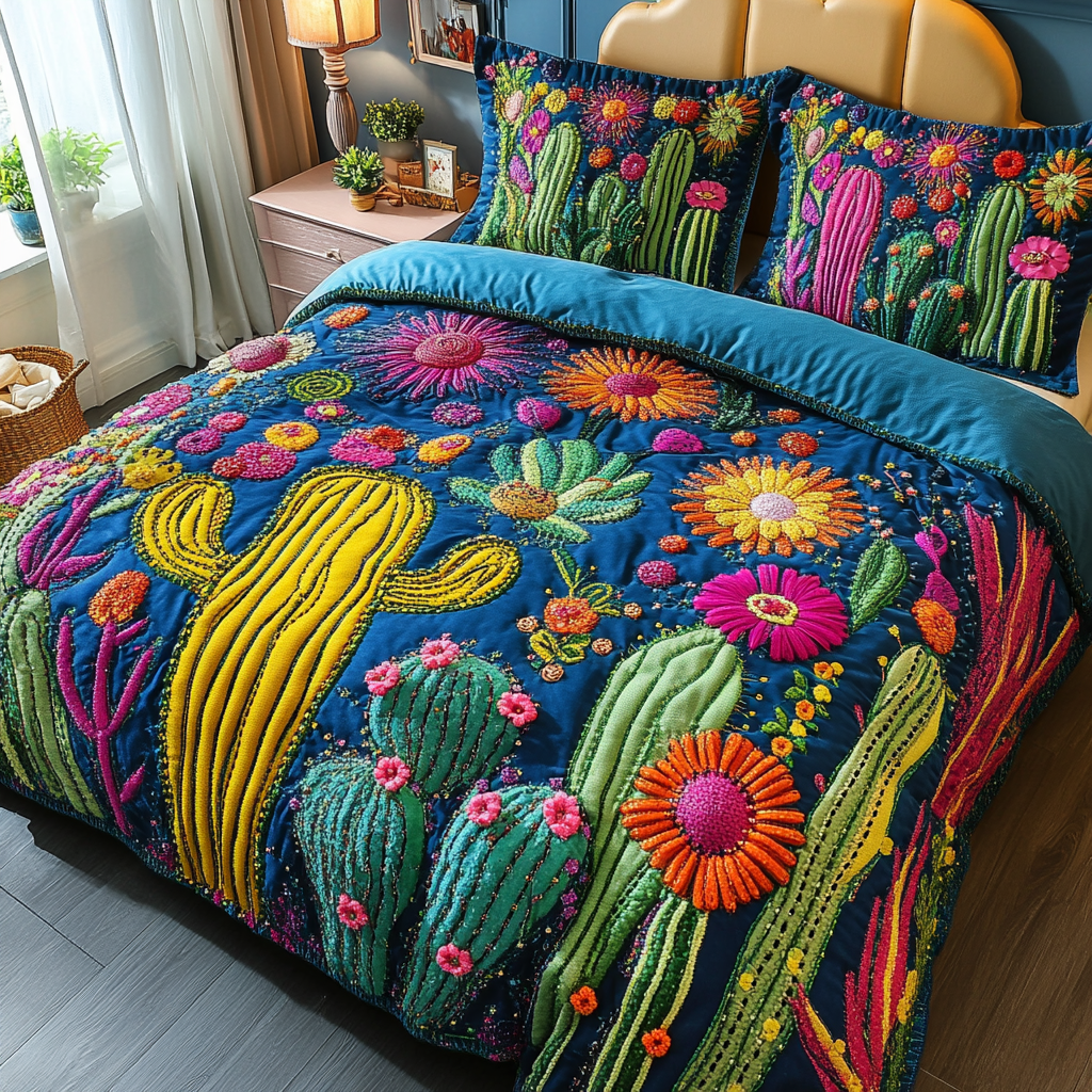 Fiesta Bloom Quilted Bedding Set Best Bed Sheet Set Cute Cactus Gifts