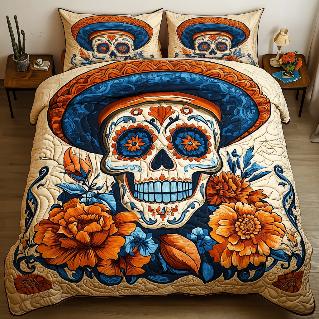 Fiesta Dreams Quilted Bedding Set Aesthetic Room Decor Skull Christmas Gifts