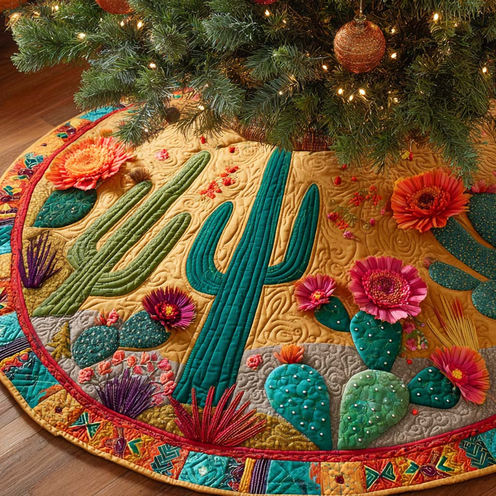 Fiesta Floral Cactus Quilted Tree Skirt Cactus Design Xmas Decor Garden Lover Christmas Gifts