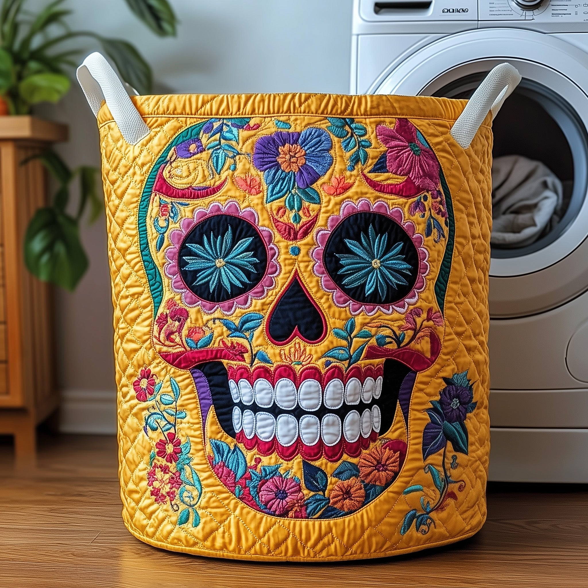 Fiesta Skull Quilted Laundry Basket Thanksgiving Merch Gift Birthday Merch Gift