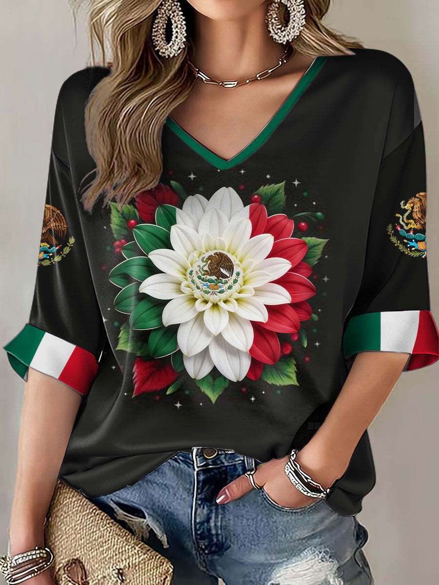 FIFA World Cup 2026 Mexico Floral V-Neck Long Sleeve Shirt Game Day Clothing World Cup Lover Gift